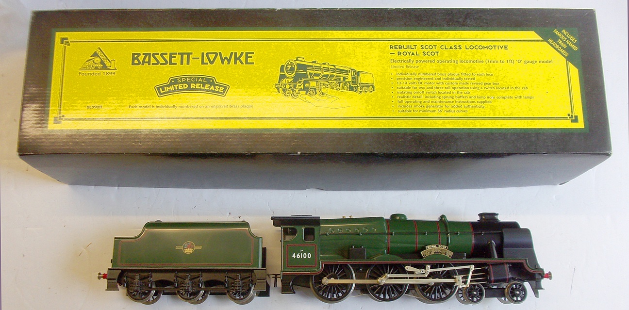 0 GAUGE LOCOMOTIVE by Basset Lowke.  ~Totally unused, as brand new.  Complete with all paperwork, packing etc. "46100 Royal Scot" 3 rail pickup.  (2 x images to view)