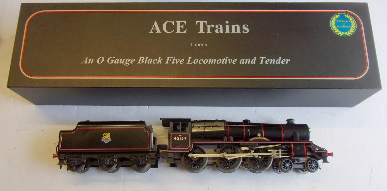 O GAUGE LOCOMOTIVE BY ACE TRAINS, totally unused, as brand new, complete with all paperwork, packing etc. "Stanier Black 5 45157 The Glasgow Highlander", 3 rail pickup. ( 2 x images to view)