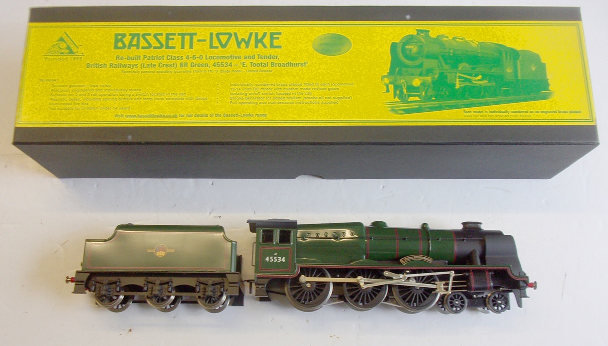 O GAUGE LOCOMOTIVE by Bassett Lowke, totally unused, as brand new. Complete with all paperwork & packing etc. Stanier Patriot "45534 Etootle Broadhurst", 3 rail pickup. ( 2 x images to view)