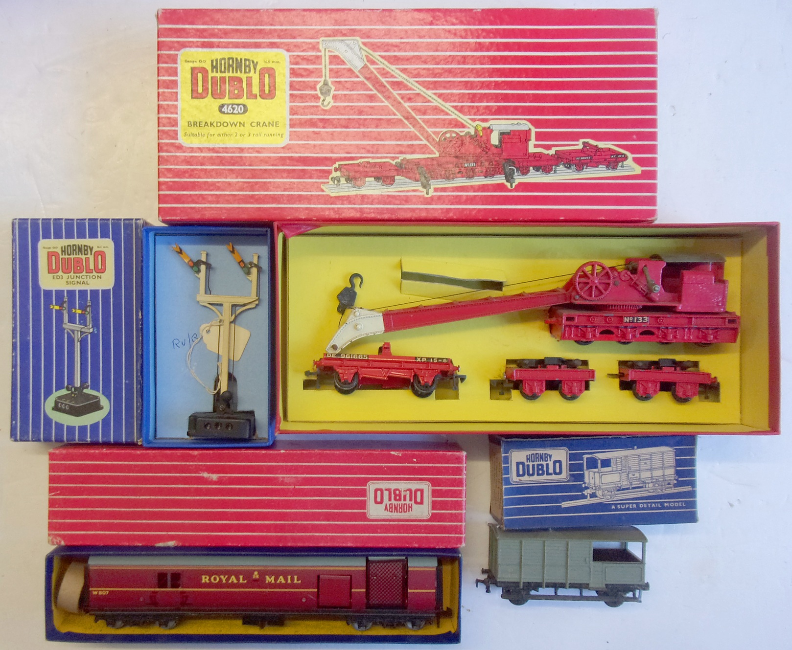 SELECTION OF HORNBY ITEMS, 3 x Rail Breakdown Train, 3 Rail GPO Coach, 2 x Rail Brake Van & Twin Arm electrical signal.  All boxed & complete.  v.g.c.