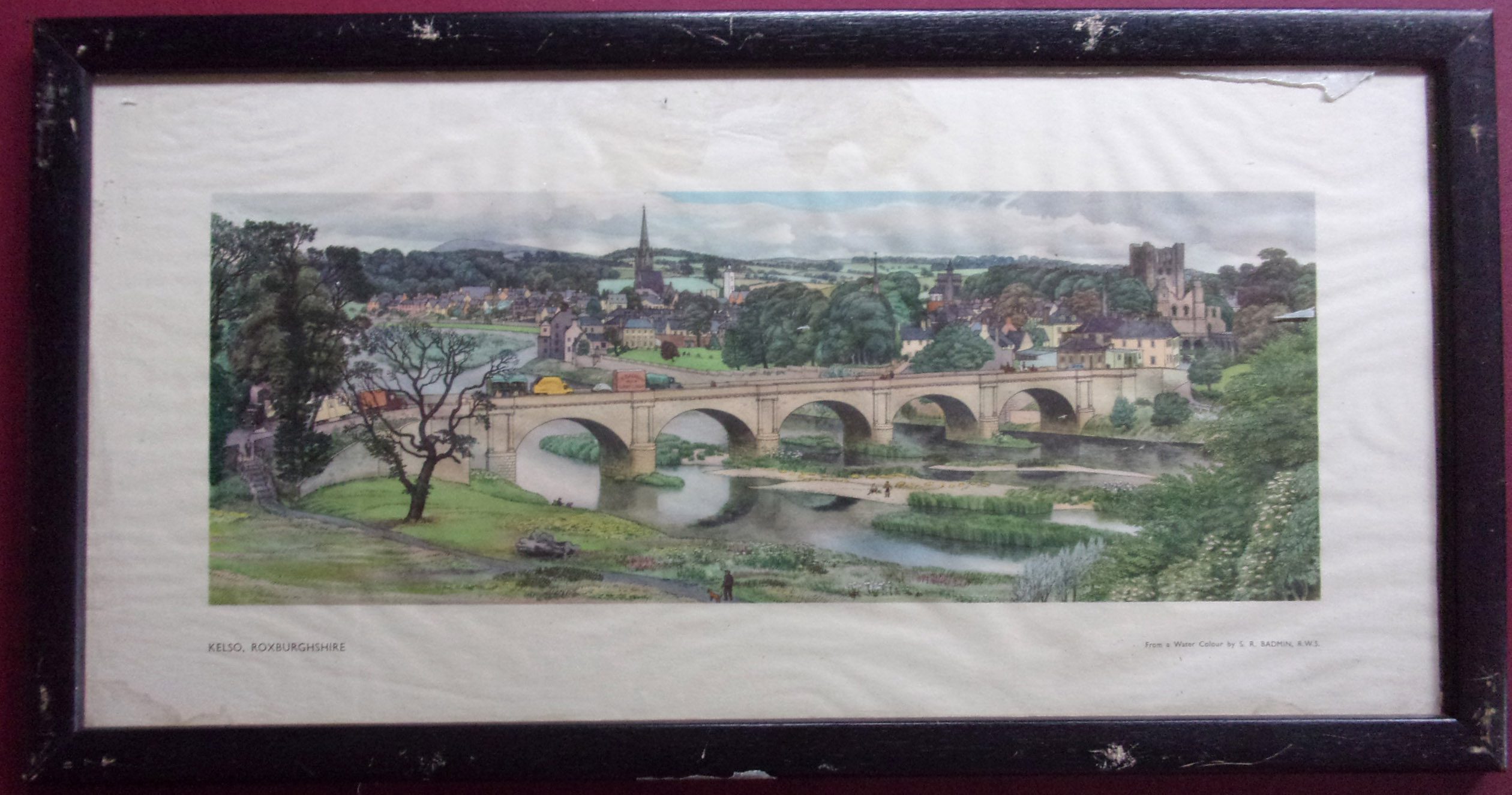 CARRIAGE PRINT "Kelso Boxburgshire" by K.R. Badman, from the LNER Post War Series.  Framed & glazed.  Needs a little tlc.