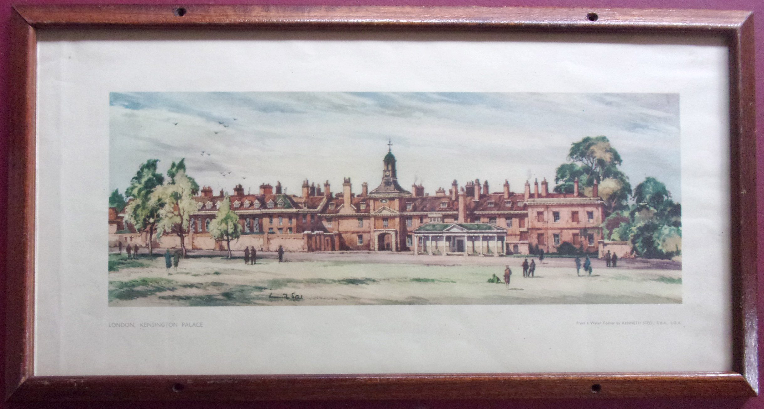 Carriage Print "London Kensington Palace" by Kenneth Steel, from the LNER Post War Series.  Framed & glazed.  v.g.c.