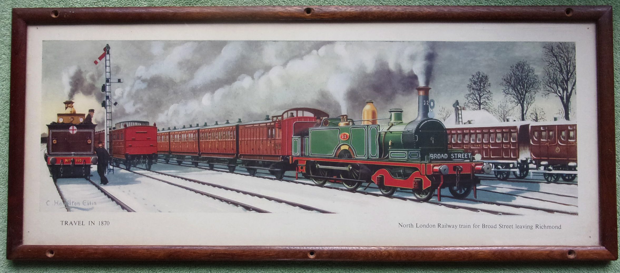 Carriage Print "Travel in 1870 North London Railway Train" by Hamilton Ellis from LMR The Travel In Series.  Framed & glazed. v.g.c.