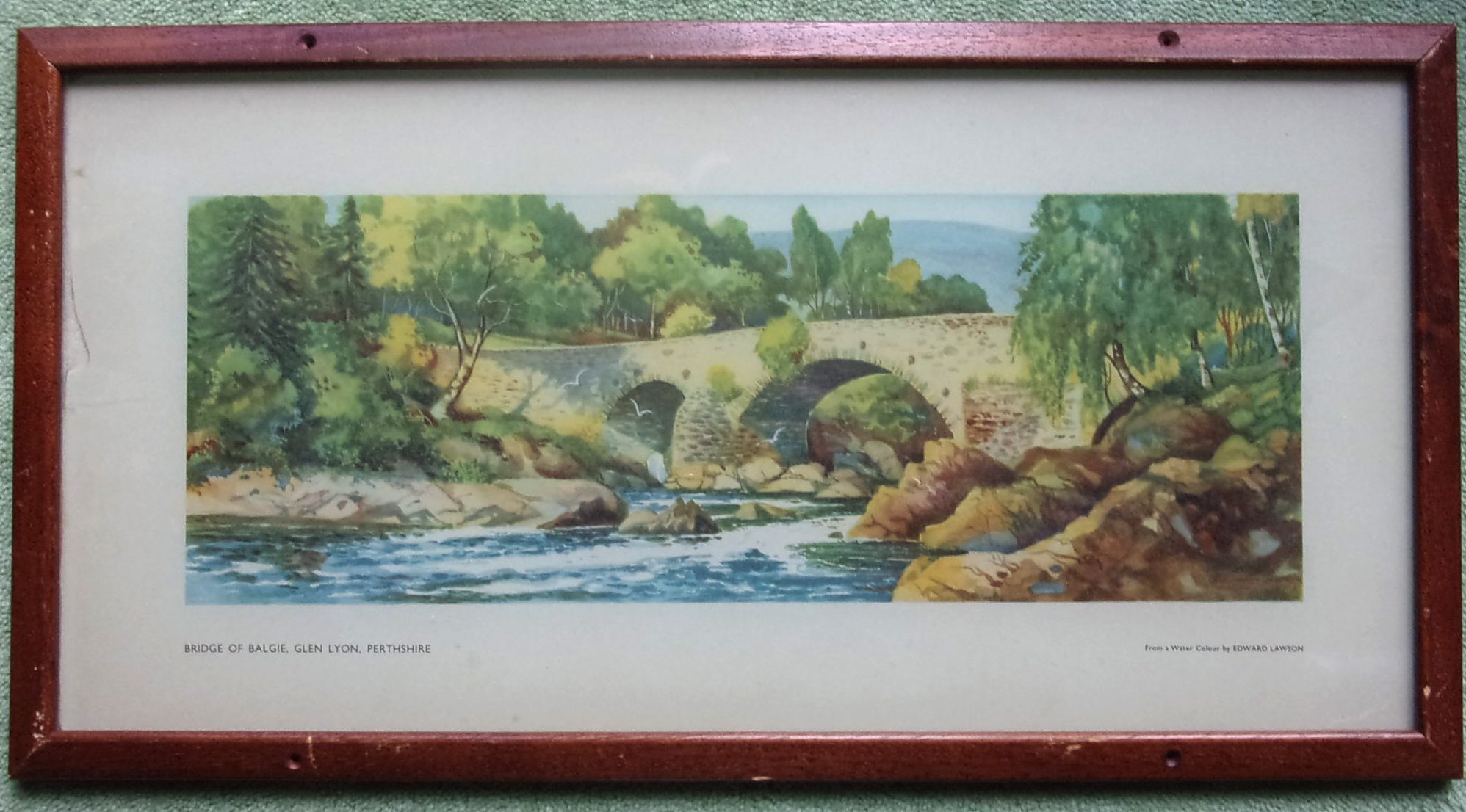 Carriage Print "Bridge of Balgie Perthshire" by E Lawson from the Scottish Region Series.  Framed & glazed. v.g.c.