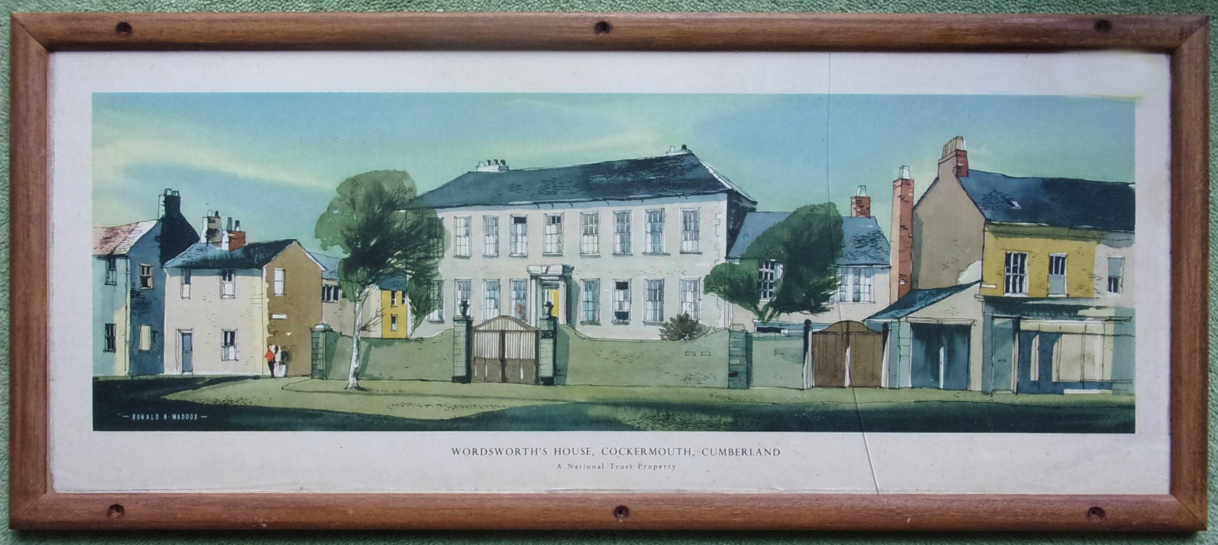 Carriage Print "Wordsworth's House Cockermouth Cumberland" by Ronald Maddox from the London Midland (C) Series.  Framed and glazed, glass fractured, needs replacing, otherwise, very good condition.