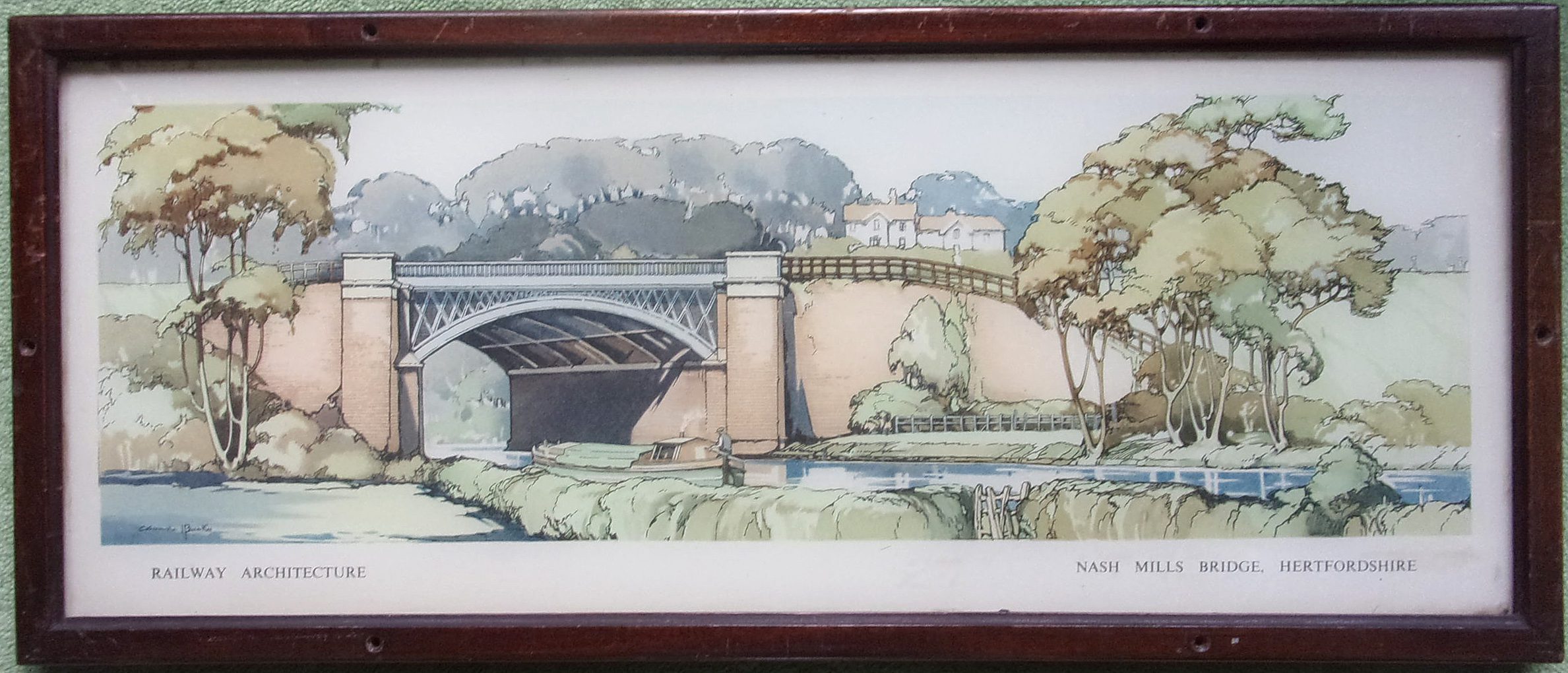 Carriage Print "Nash Mills Bridge" by Buckle, from the Railway Architecture Series, in original rebated mahogany frame & glazed.  v.g.c.