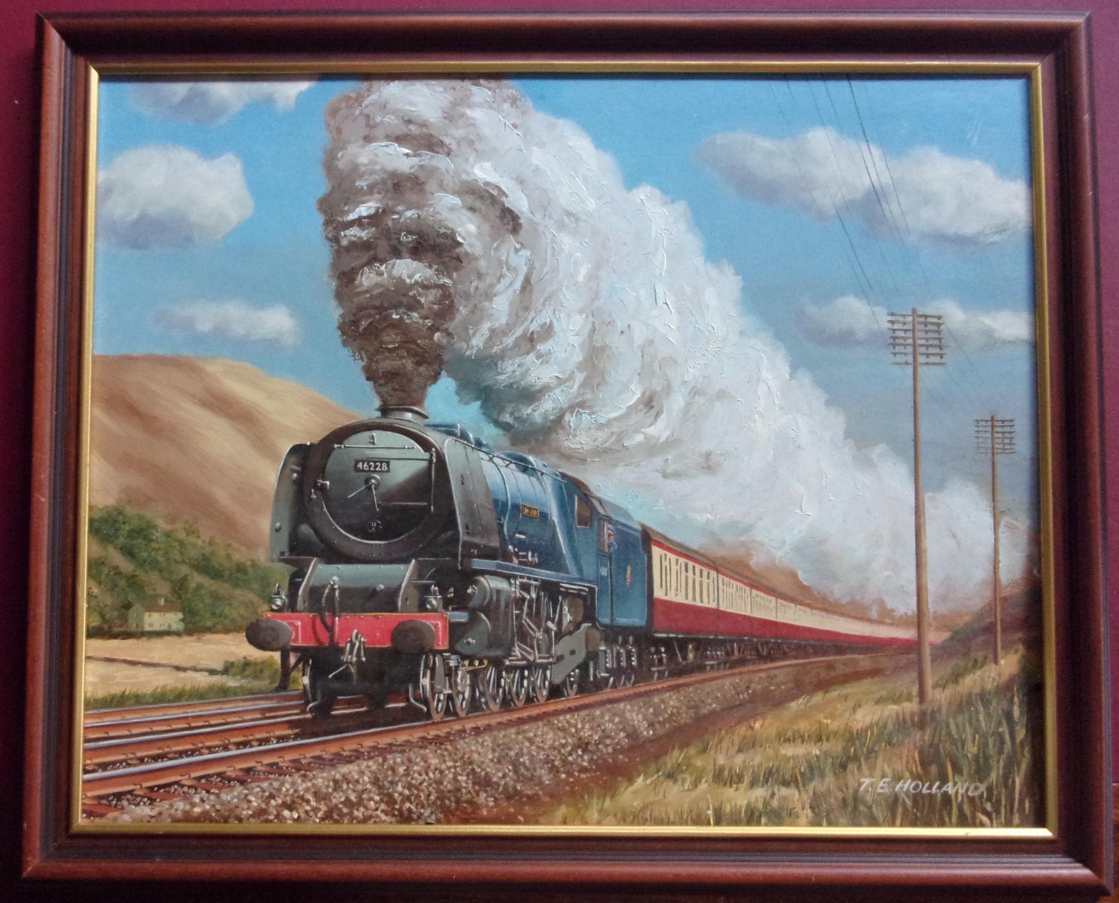 2 x Original Paintings by T.E Holland of Jubilee "45698 MARS" and Coronation Pacific "46228 Duchess of Rutland" in early BR blue in semi smoke box, on board in oil, framed (2 x images available to view) 32" x 25" & 22" x 16".