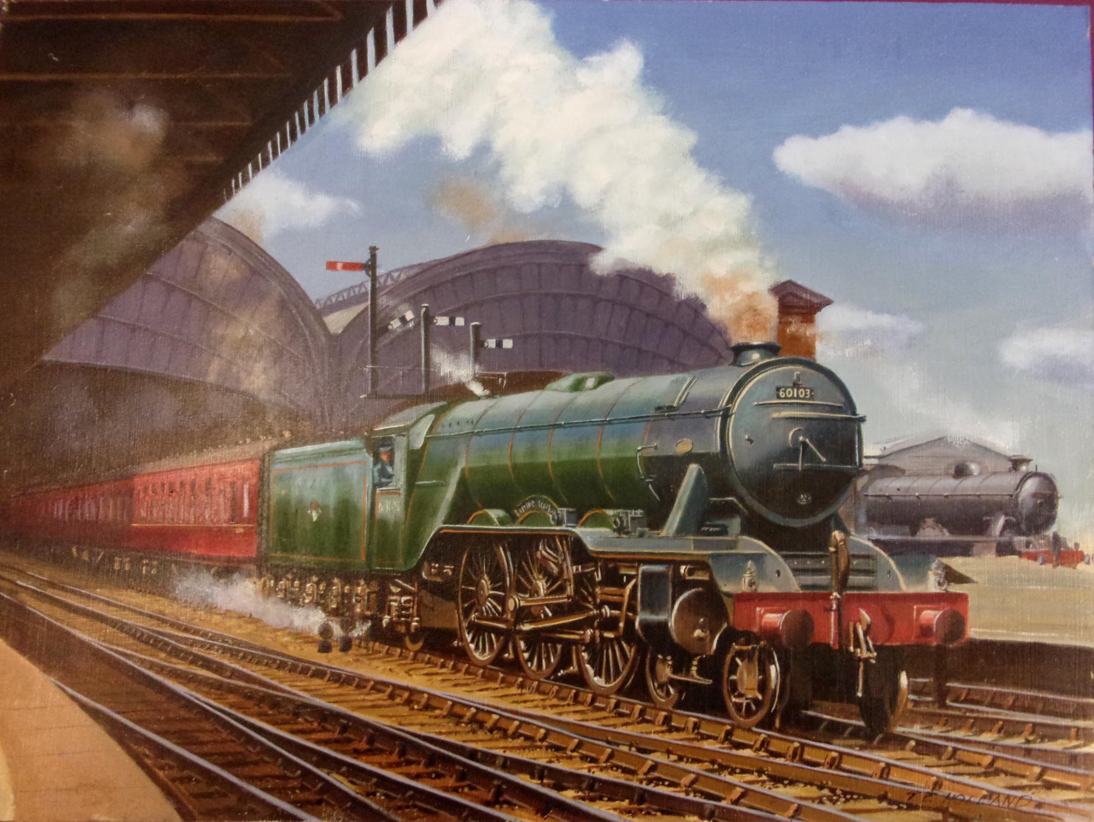 2 x Original Painting by TE Holland of A3 Pacifics "60103 Flying Scotsman", unframed and Southern Railway T9 Greyhound "30706" on board. 1 x framed. 22" x 16". ( 2 x images to view)