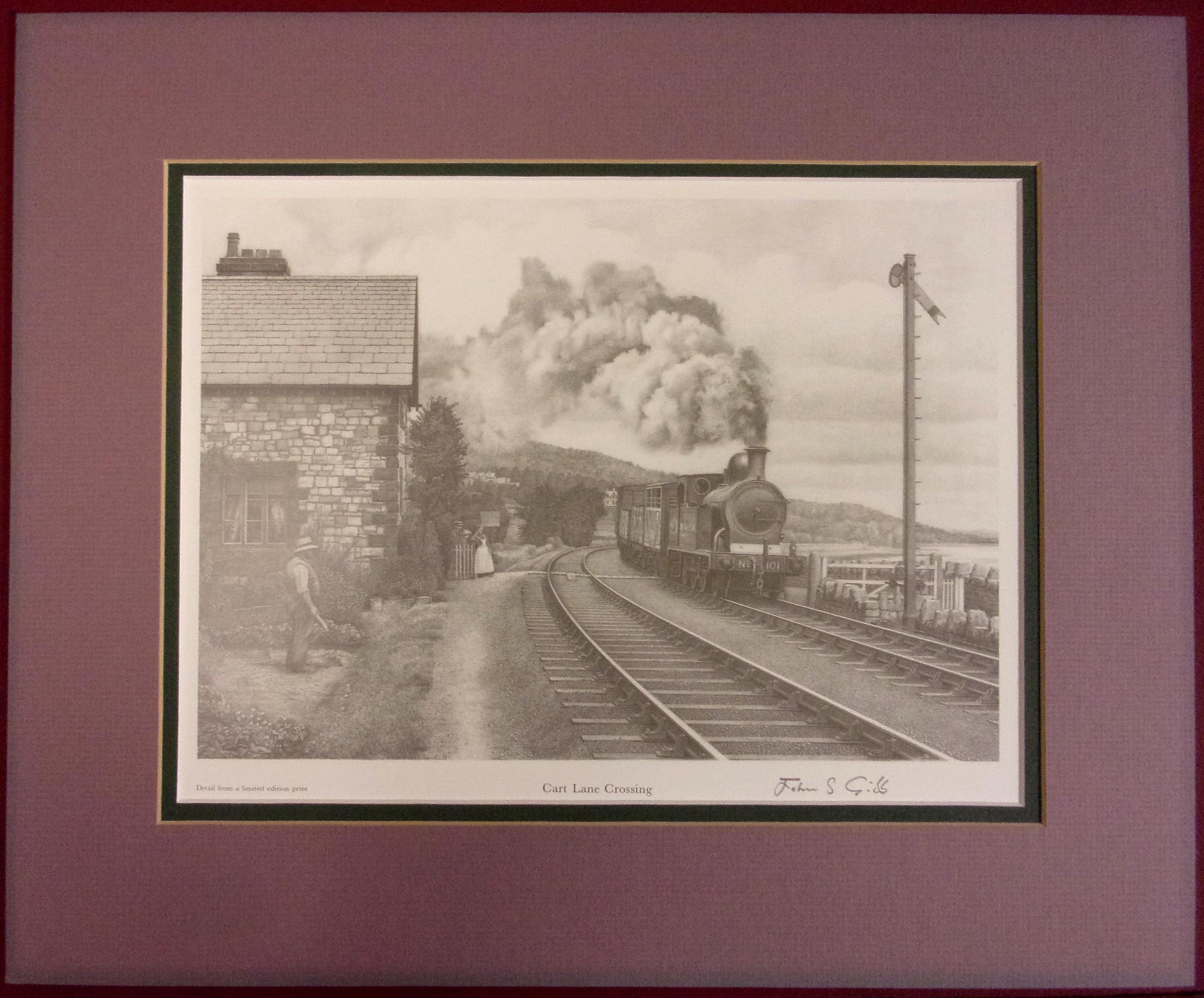 "Cart Lane Crossing" - signed. 10" x 8", "North Eastern " "Dulverton" 20" x 12", "Power & Glory" 15" x 12", "Lorna Doone" 16" x 12", "Trolley Buses" 15" x 10", "Quanton Belle" 15" x 10".  (6 x image to view)