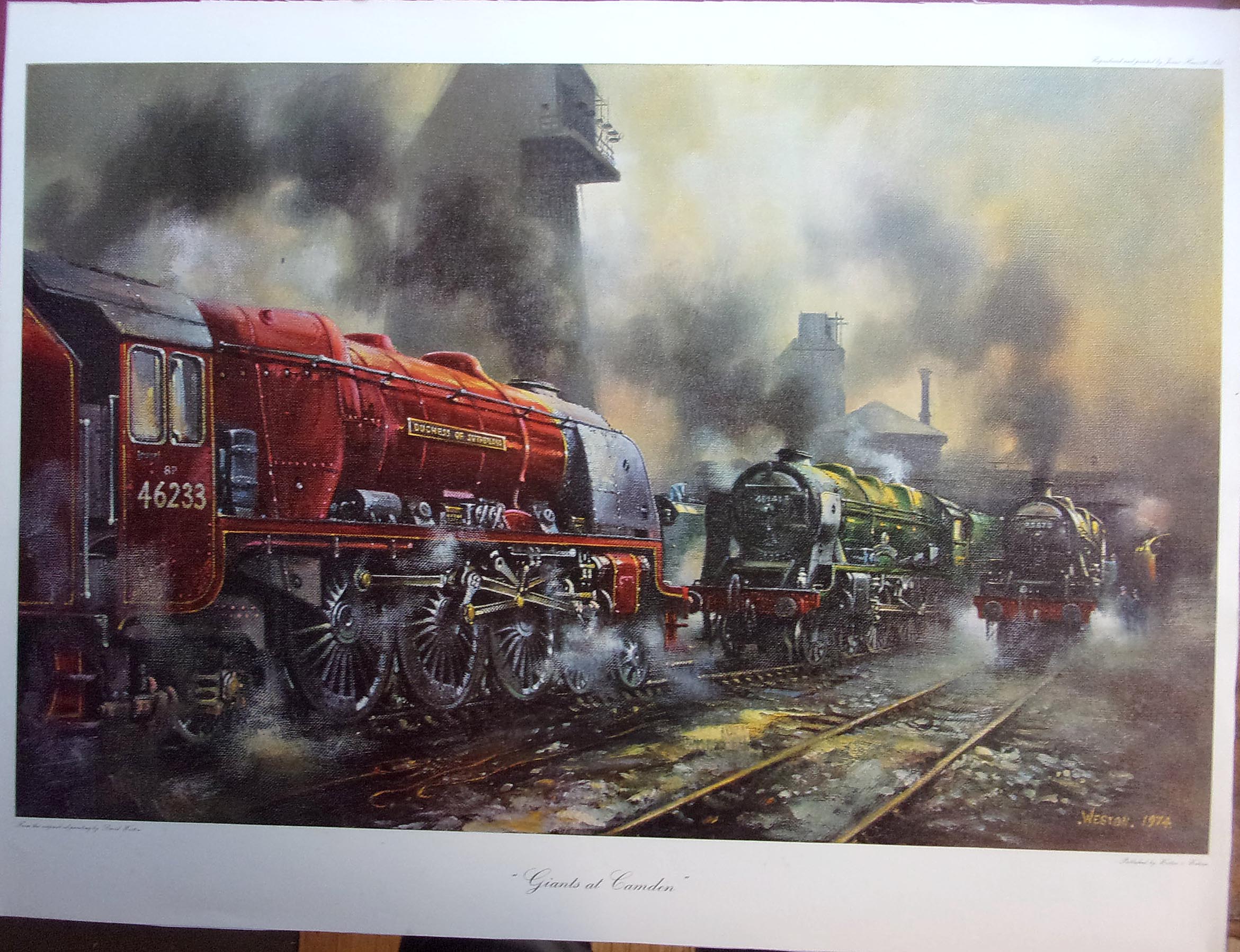 "Giants at Camden" 28" x 18", "70013 Cromwell" 30" x 20", "Sir Nigel" 30" x 20", "GWR Local" 30" x 21", "Morning" 30" x 21", "Midland Compound" 30" x 21".  ( 6 x images to view)