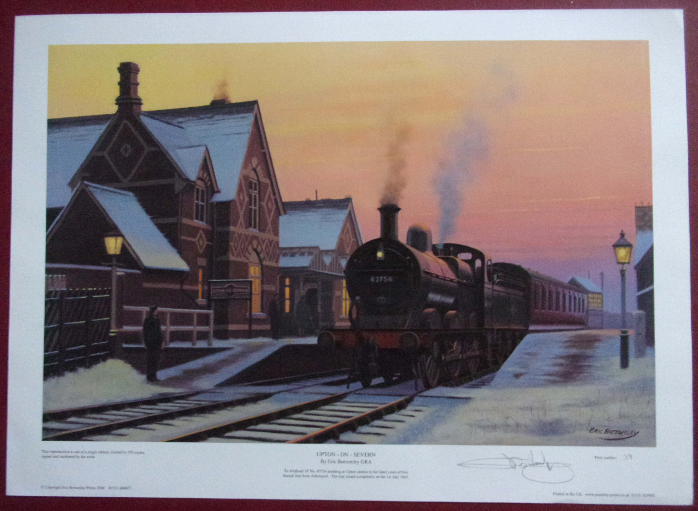 "Upton On Severn" signed ltd ed.  15" x 10", "Stanhope Station" signed ltd ed.  11" x 7",  Bulliver at Nurserypool" signed ltd ed. 24" x 17", "Devon Belle & Southern Rly, 11" x 7", "30583" "GWR" "6000" Approx. 13" x 9".  (5 x images to view)