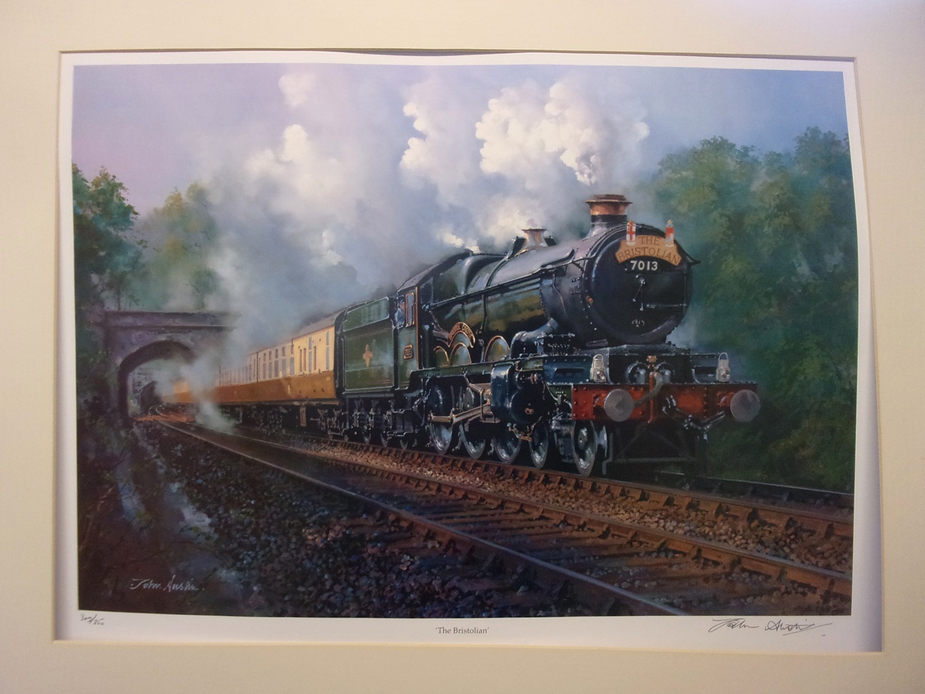 "The Bristolian" signed ltd ed 22" x 15", "Bishops Bourne" 29" x 20", "Over & Under" signed ltd ed.  23" x 14", "Island Summer" 15"  x 12", "35013" Bournemouth Belle" 20" x 14", "A3 being coaled" 10" x 8".  (7 image available)