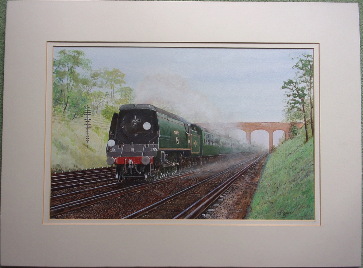 Original Artwork by Hayden, depicts "34067 Tangmere", lively image, unframed. Mounted.