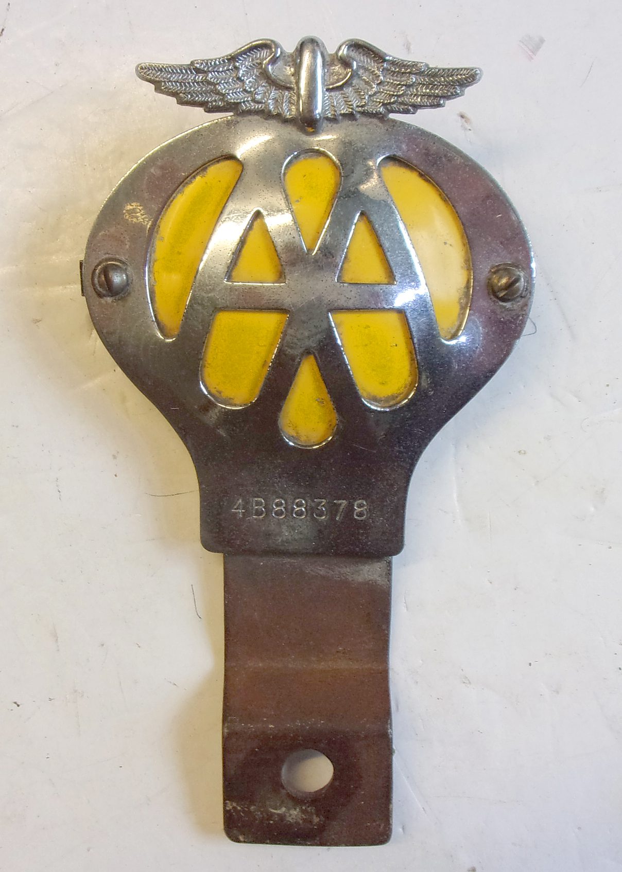 "AA" Car Badge Number "4B88375" complete on car mounting bracket.  v.g.c.  1950s circa.