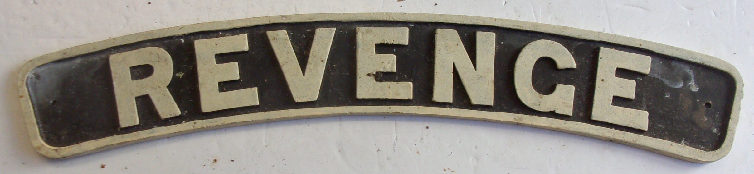 Repro Nameplate "Revenge", cast aluminium construction,  27 1/2" x 4".