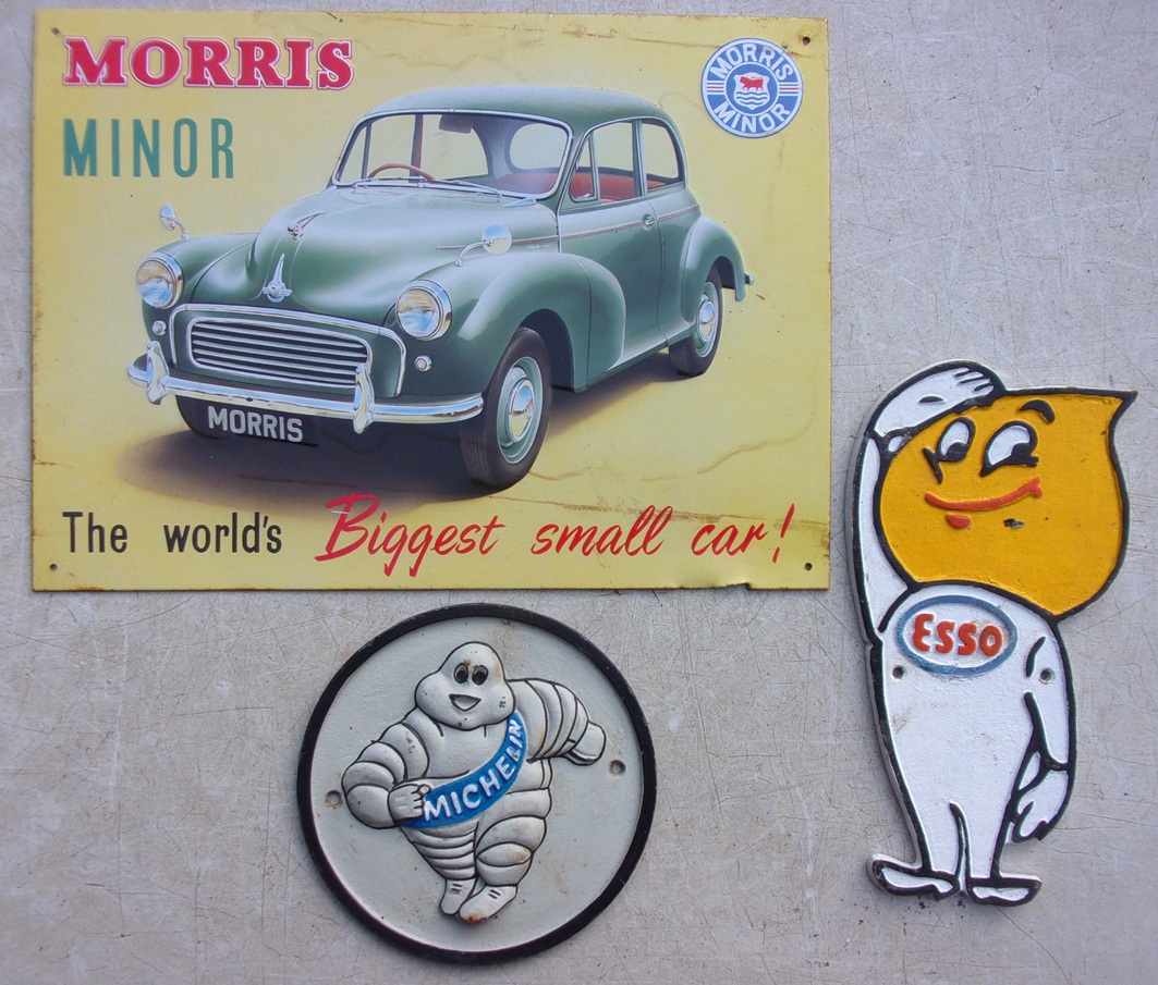Motoring Related Items, repro tin plate, Morris Sign 16" x 12". Esso cast aluminium. 11" high & Michellin Man, cast aluminium 7" diameter.