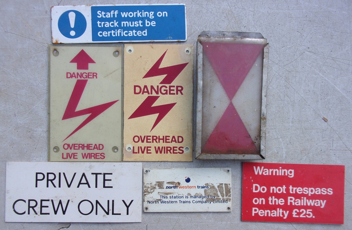 Group of genuine BR Warning Signs , various materials, construction average. 8"x 4".