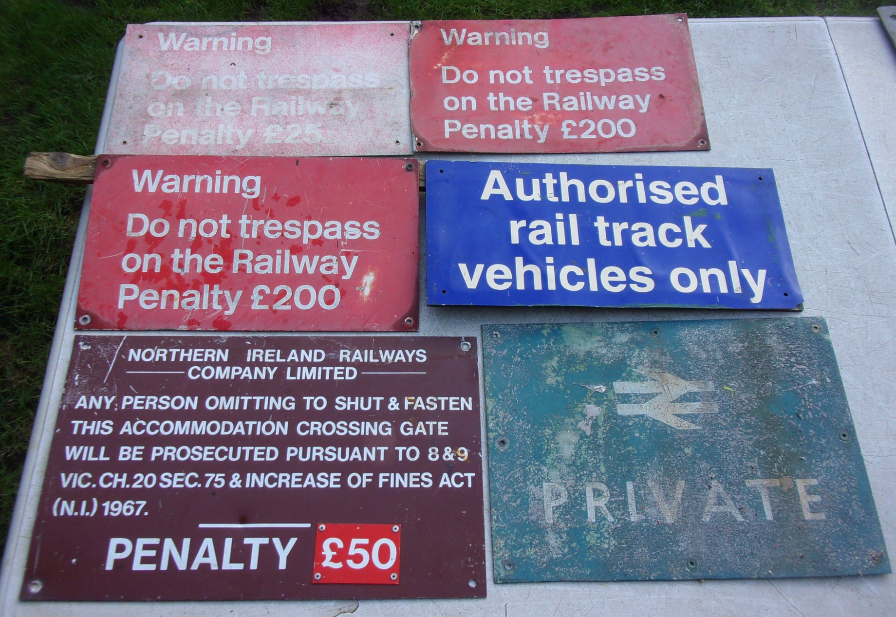 Group of Lineside Warning Signs as removed condition, average size 14" x 10", mainly aluminium construction.