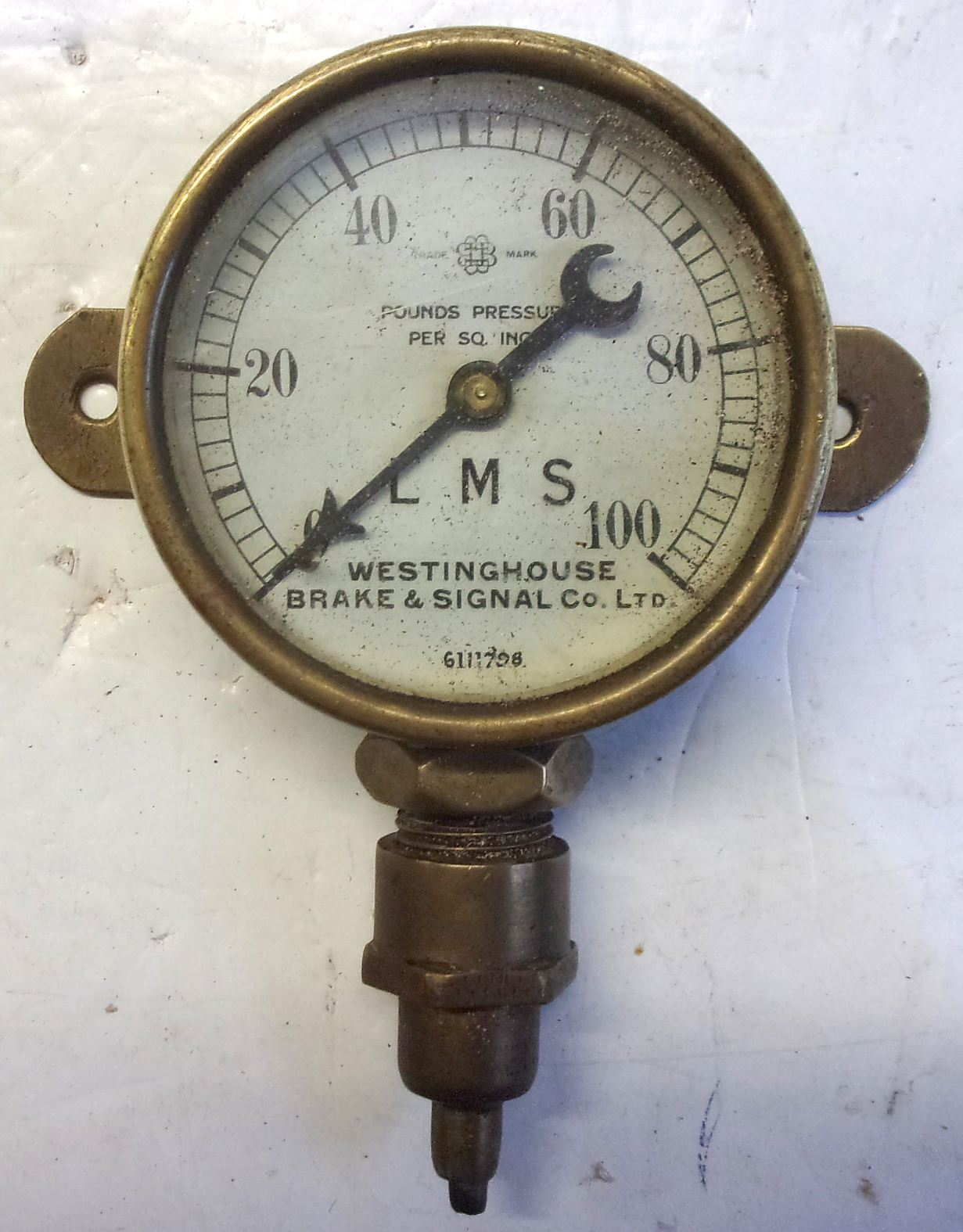 LMS Pressure Gauge by Westinghouse.  3/4" diameter, complete.  Brass construction.