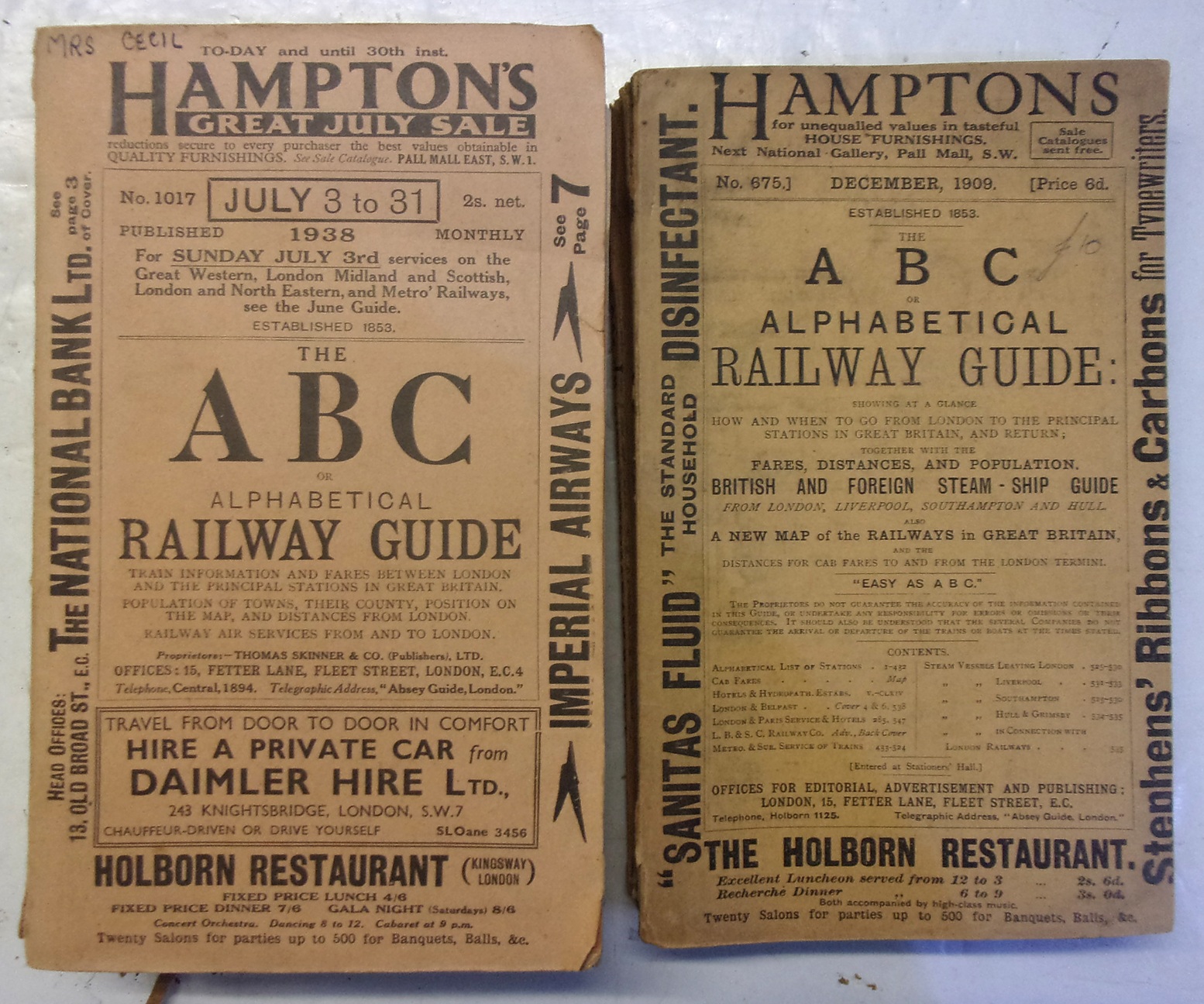 2 x Hampton Timetables ABC December 1909 and July 1938. Good order for age.
