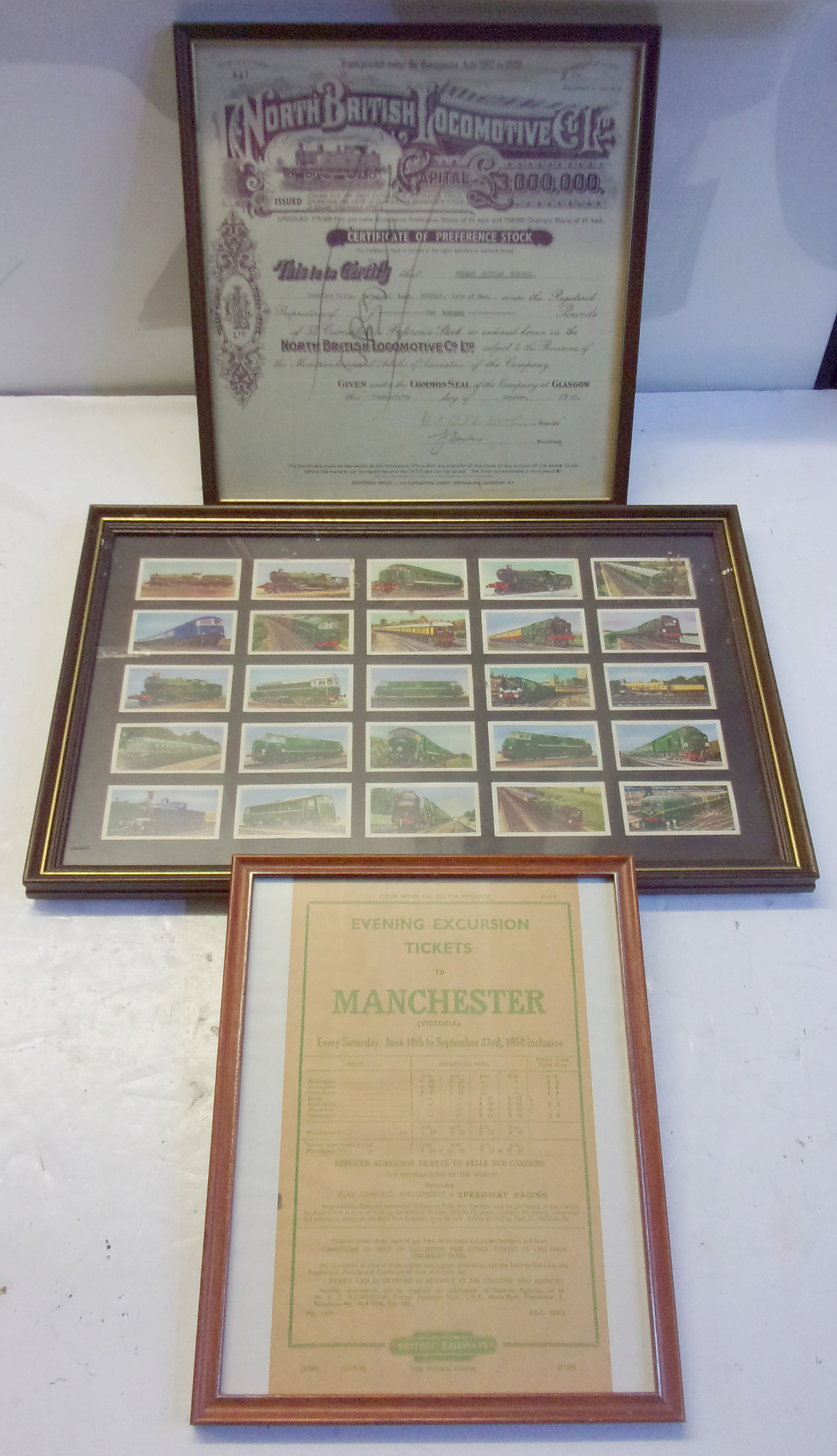 3 x framed & glazed items "North British Loco Co Ltd. Certificate "Manchester Leaflet 1950s", set of cigarette cards.