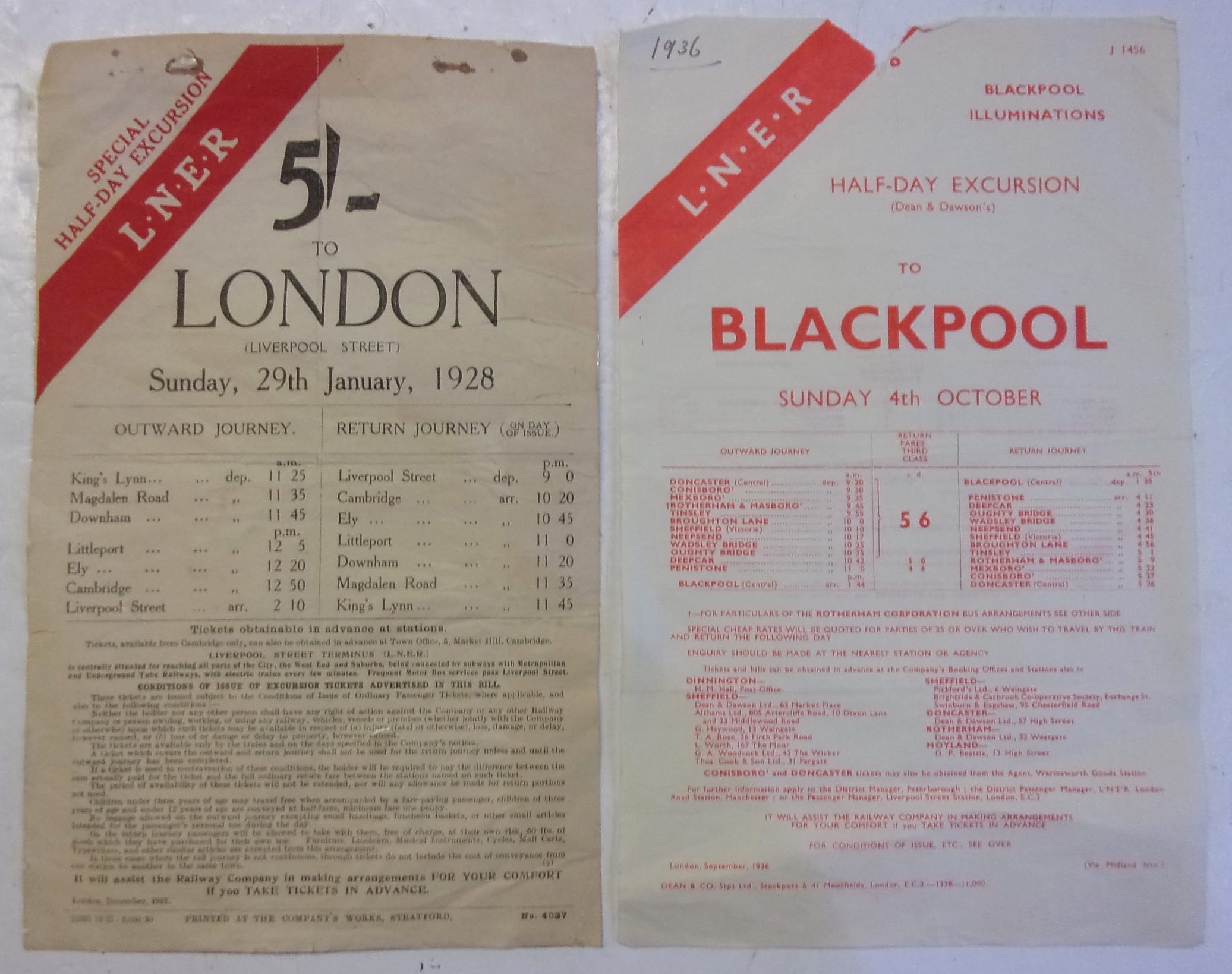2 x Handbills "LNER" 1928 & 1936. Good condition for age.