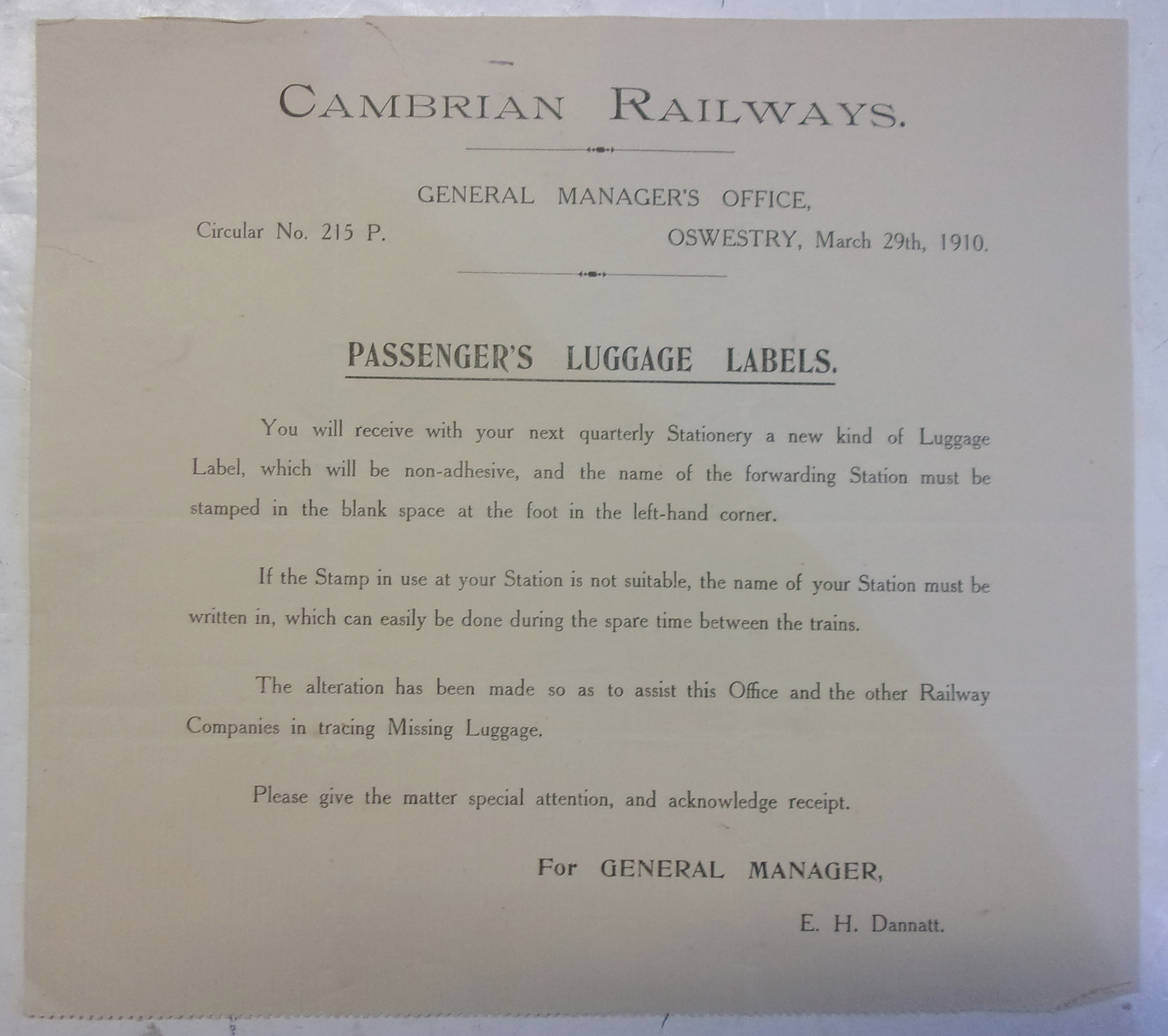 Cambrian Notice ref: Luggage Labels dated 1910. v.g.c.