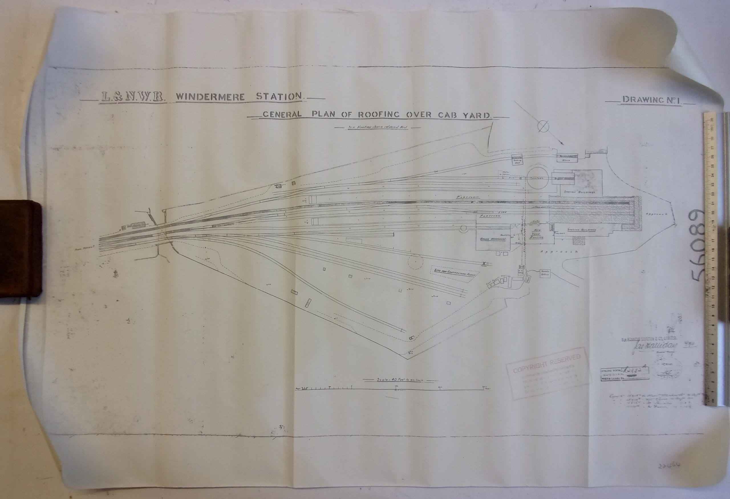 L&NWR Windermere Station Central Plan of Roofing over yard, copy on paper dated 1915. v.g.c.