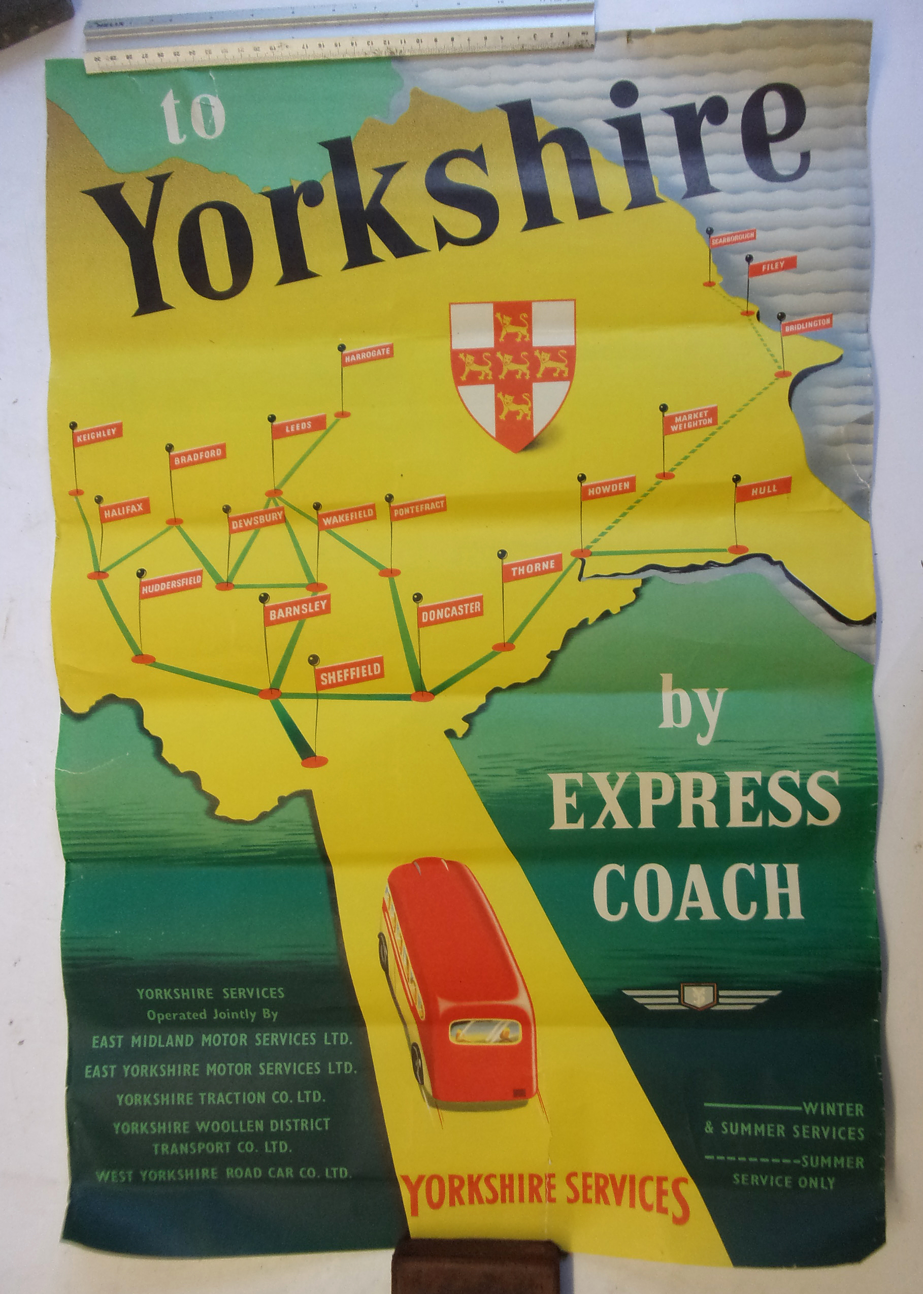 Original Poster "To Yorkshire by Express Coach" vibrant colours, come tears to top edge, but no loss, needs conserving on linen on board. 28" x 20".