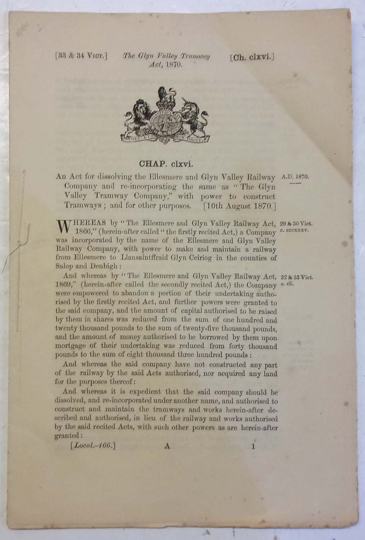 The Glyn Valley Tramway Act 1870.  In very good complete order.