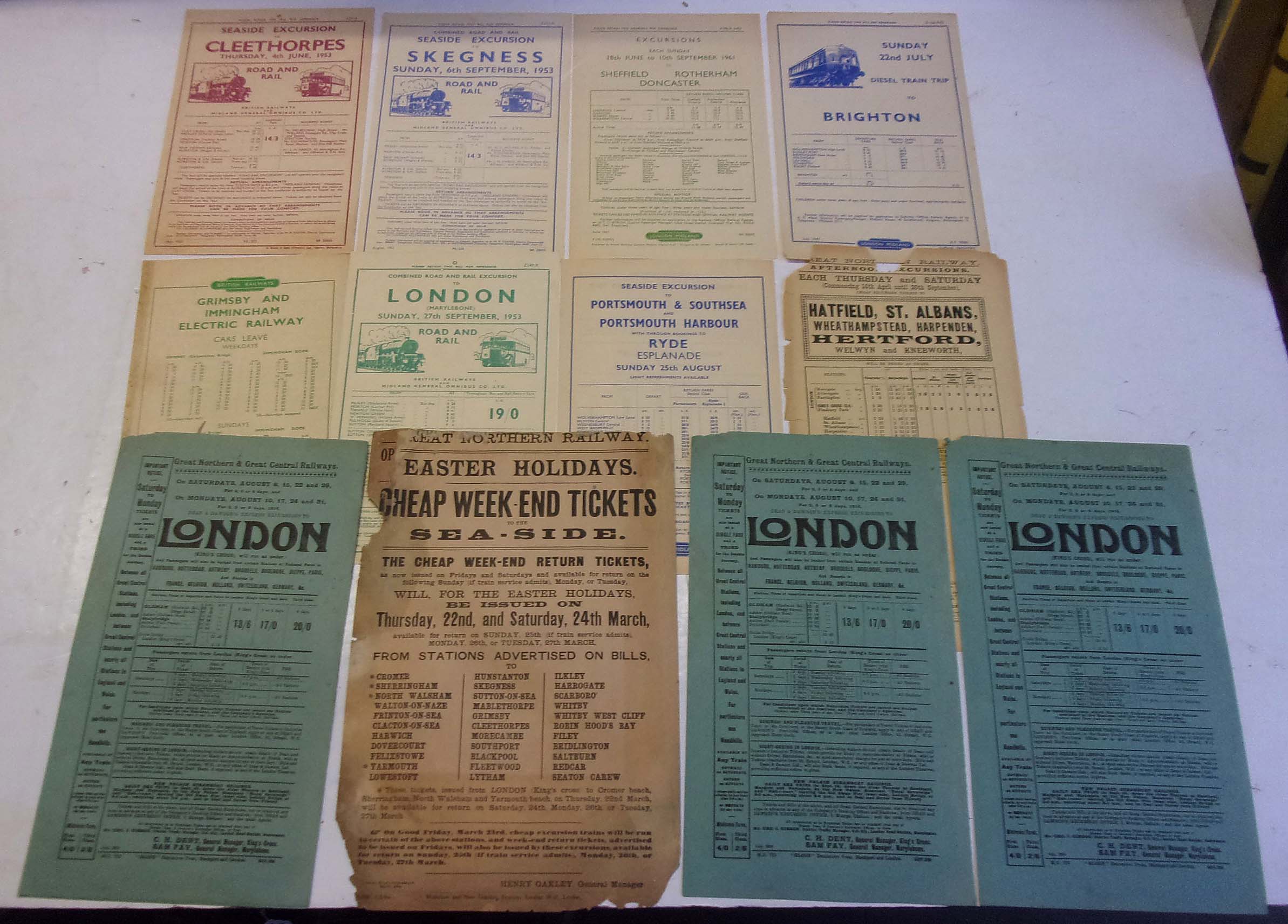 12 x Handbills 5 x Pre grouping, over 100 years old.  The rest are BR 1950s & 60s.  Old one, quite frail, some with loss.