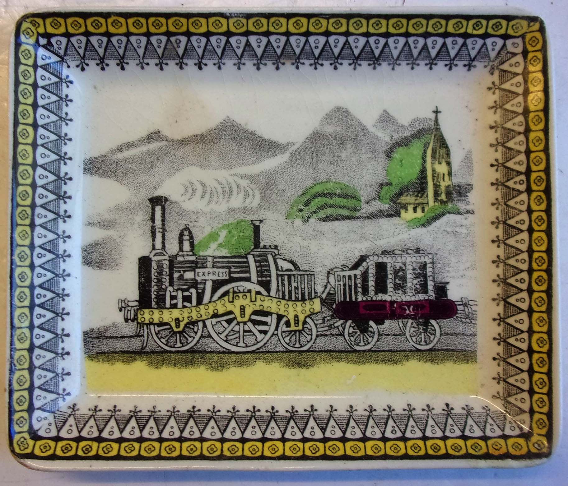 Antique Ceramic Link & Stud Tray by Railway, made in England for P.V. 6" x 5".  No chips or cracks.  (2 x images to view)