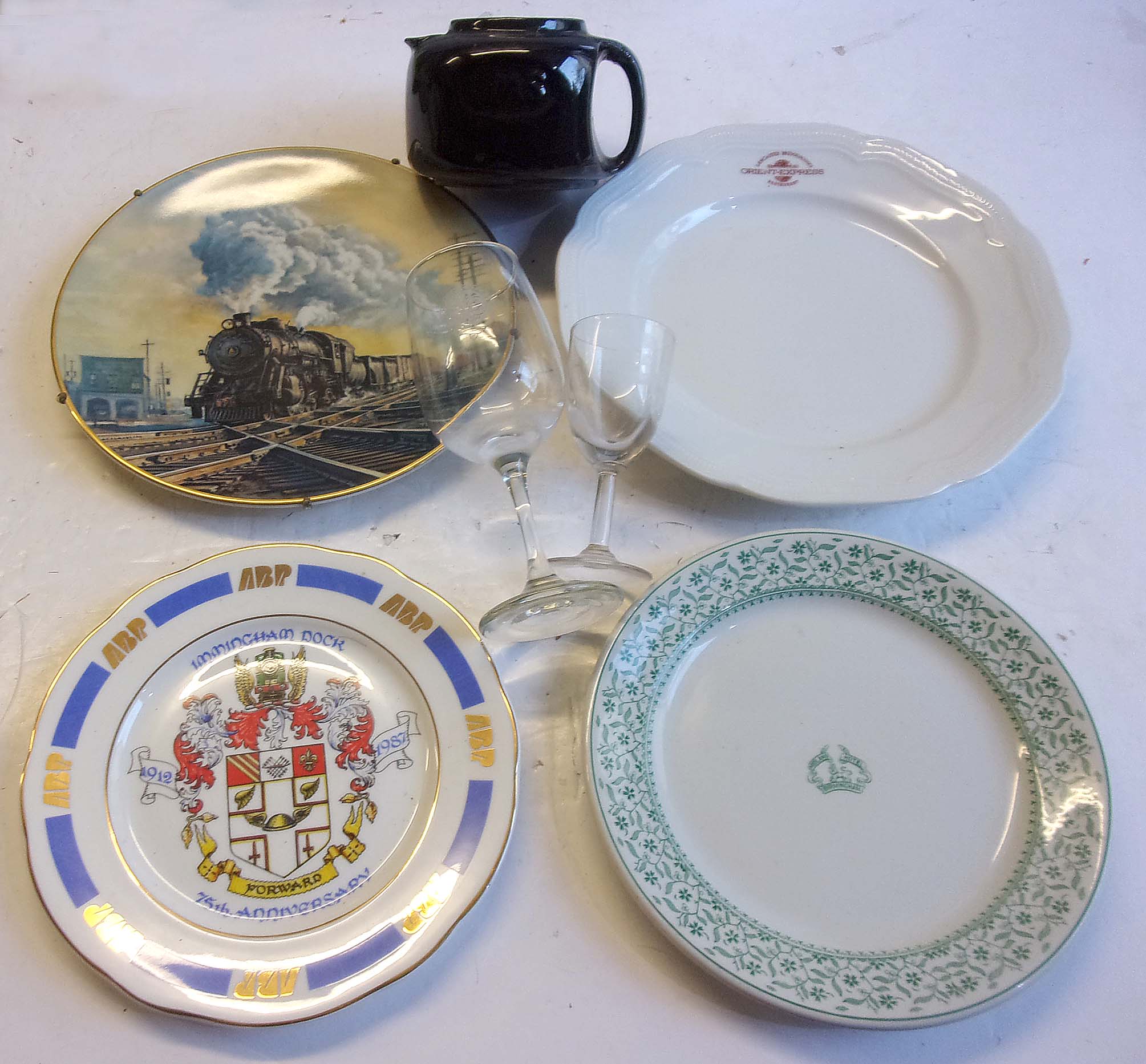 Selection of Table Ware, LMS Teapot with cover, perfect.  Midland Hotel Birmingham Plate, Immingham Dock & Decorative Plates, also two glasses, North Eastern & Southern Rly.  No damage.