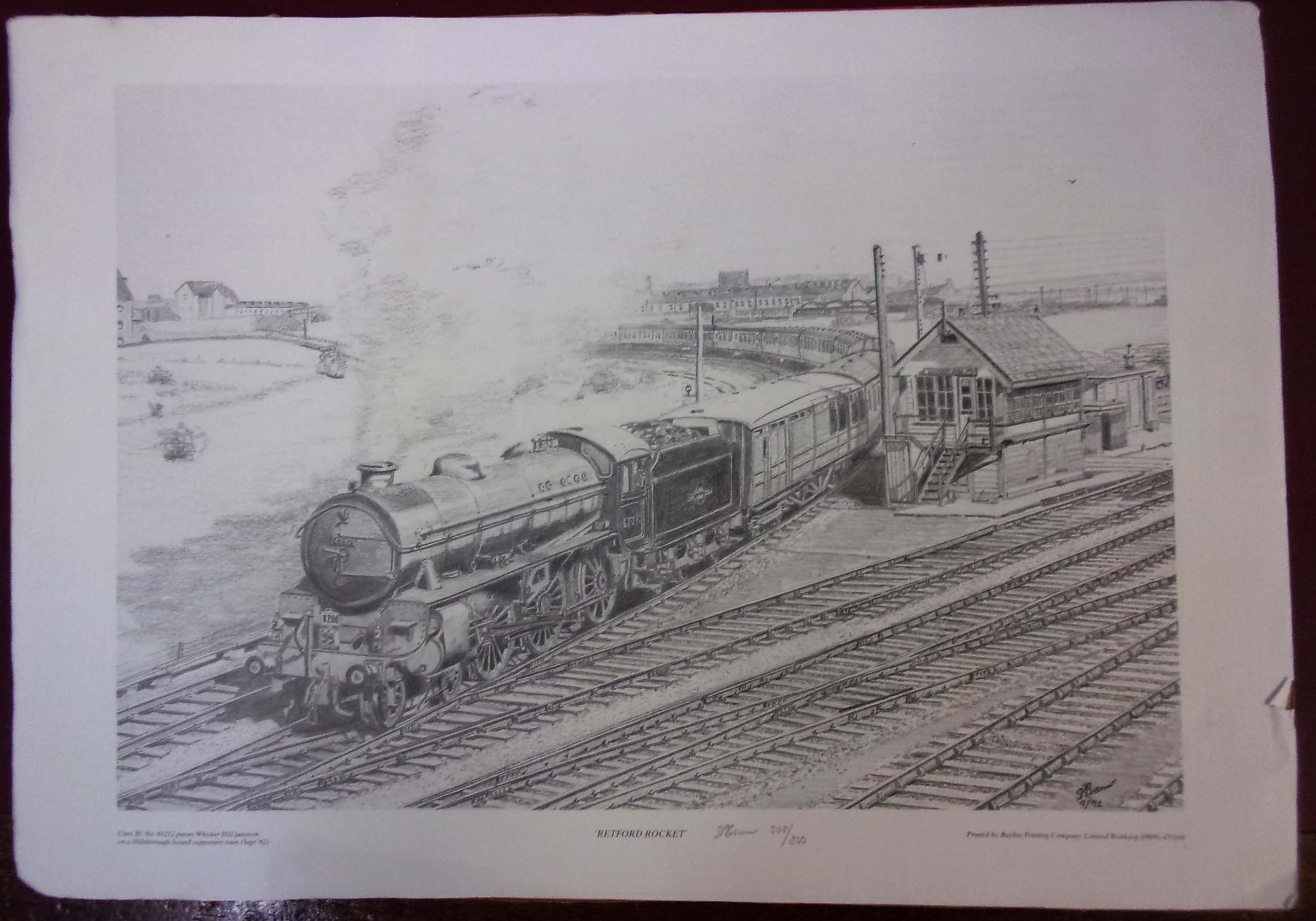 Limited Edition Print, pencil drawing of B1 61212 passing Whisker Hill Junction on Hillsborough Bound Supports Train September 1962.  Print 308/850, signed by artist.  18" x 12". v.g.c.