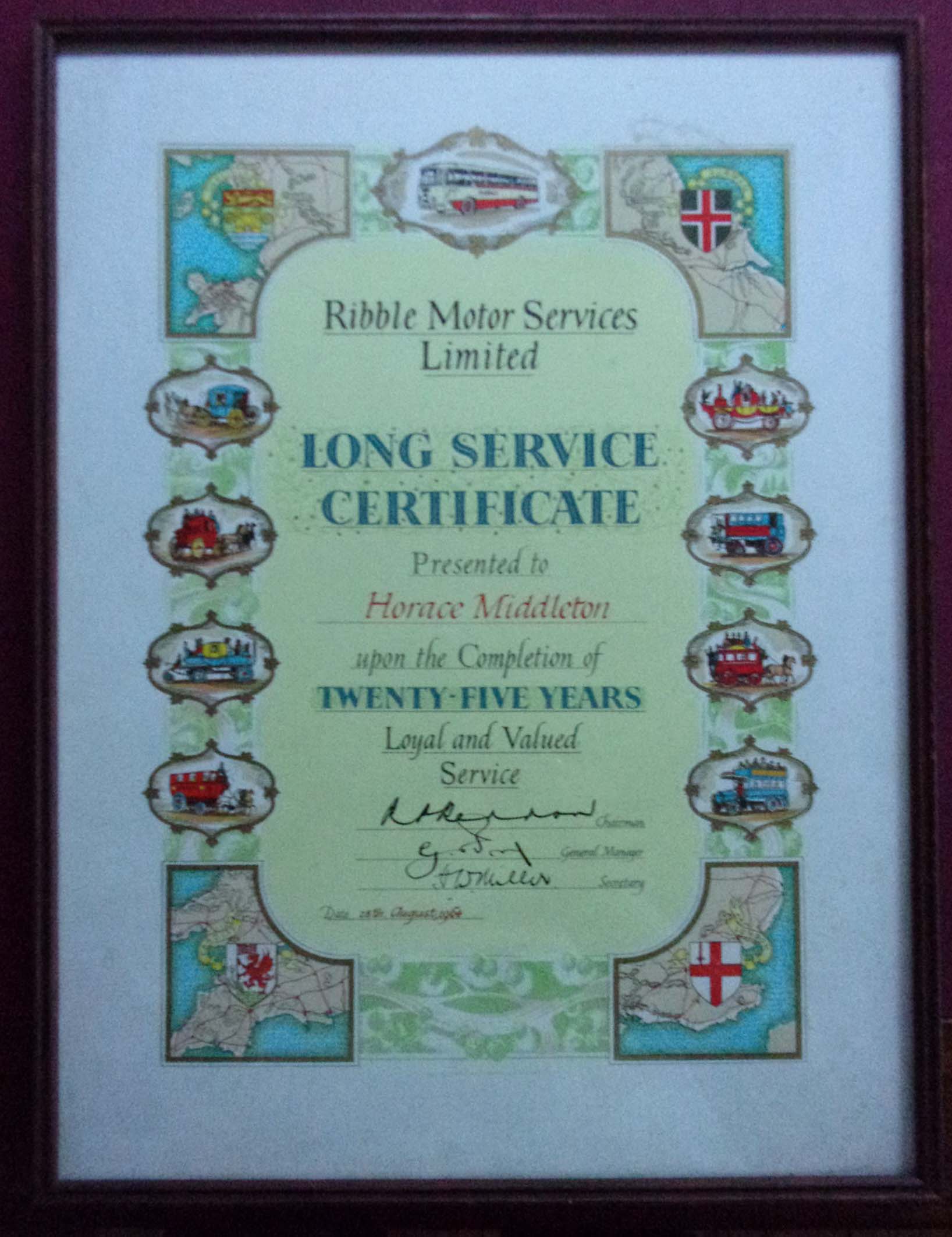 "Ribble Motor Service Ltd" Long Service Certificate presented to Mr Horace Middleton dated 1964.  13" x 17".