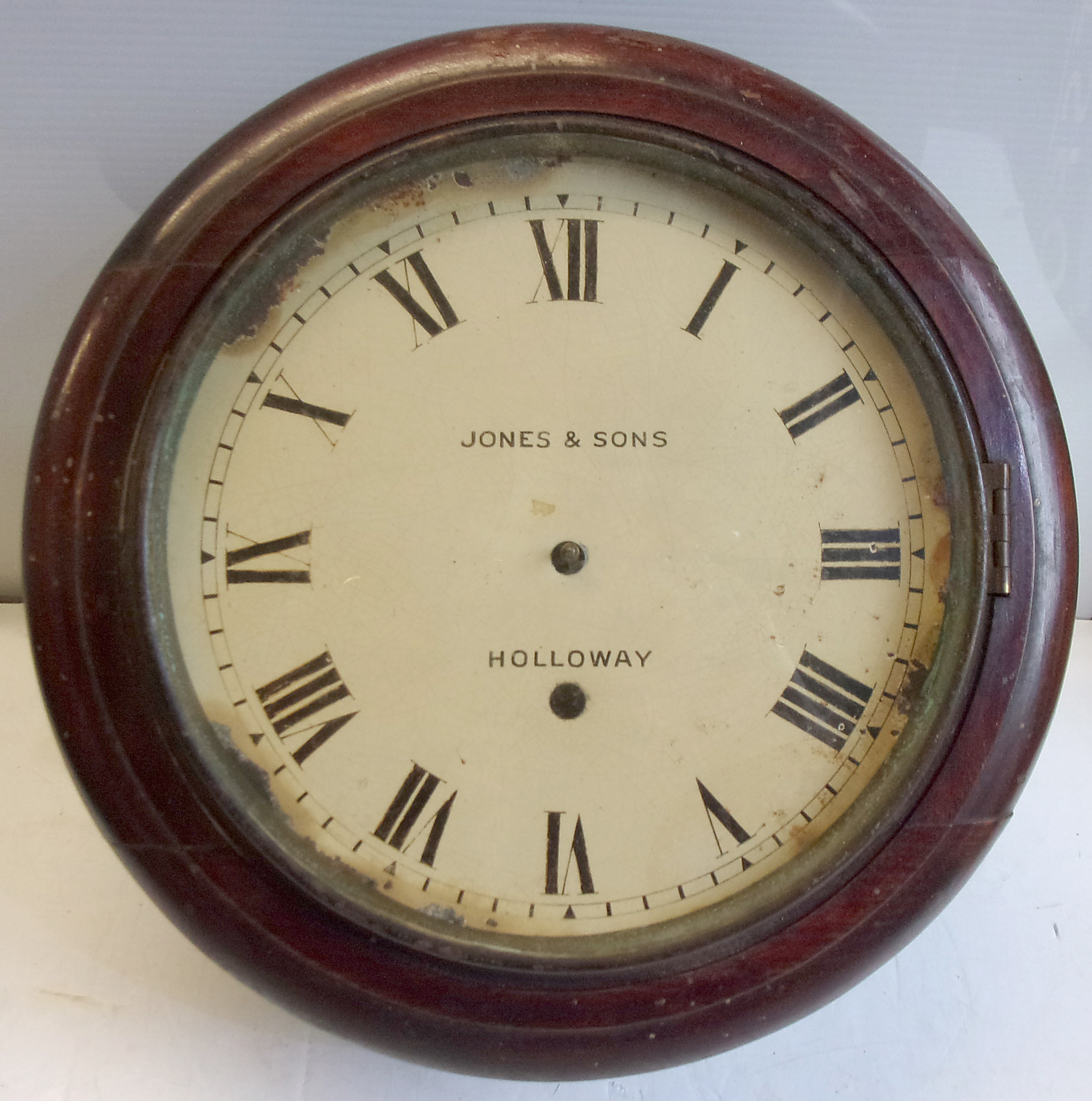 Single Fusee 8" Wall Clock, in need of TLC, hands absent, pendulum & key present.  Face written Jones & Son, Holloway. ( 4 x images to view)