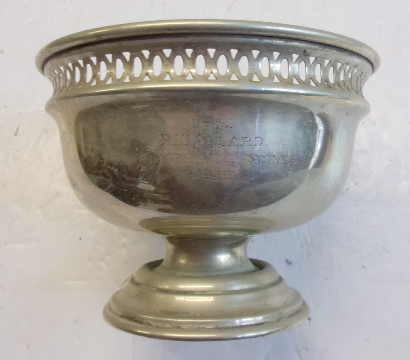 EPNS Presentation Rose Bowl "RW Allard W.H.C. Tramways 1926". 6 " diameter. 4 1/2"high. Wire grill is absent.