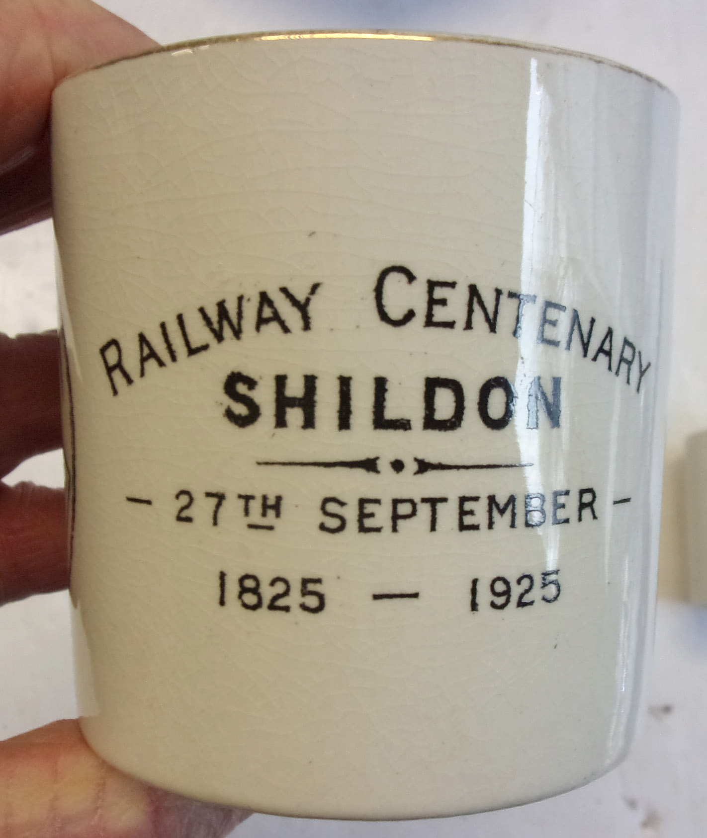 Railway Centenary Shildon 27th September 1925-1925 Ceramic Mug.  No damage, by Anchor Pottery.  3" high. v,g,c,