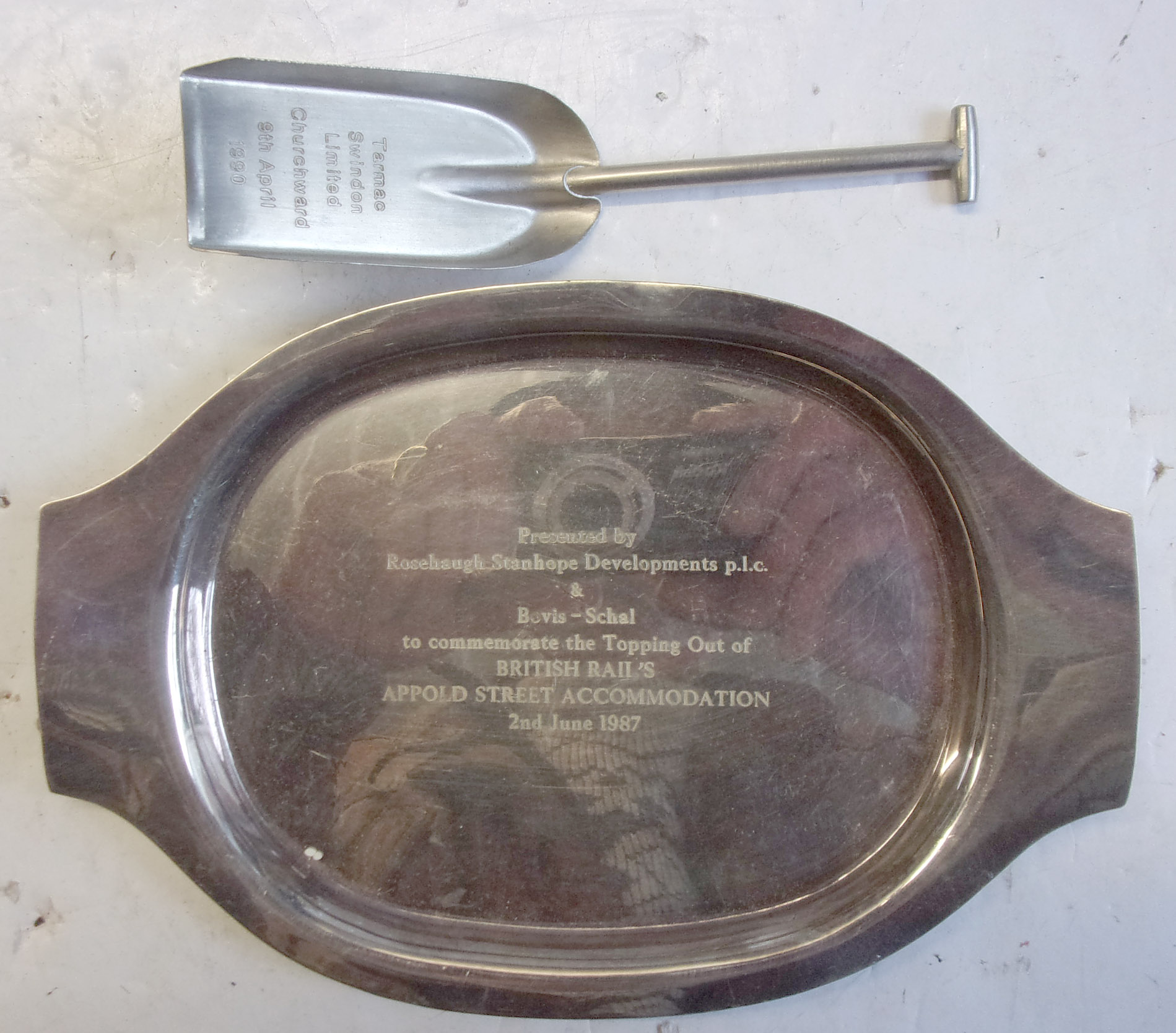 Presentation Stud & Clip Tray "Bowis British Rails, Arnold St. 2nd June 1987 with miniature firing shovel, Tarmac, Swindon Ltd Churchwood 9th April 1990.  Both in stainless steel, by Mappin & Webb.