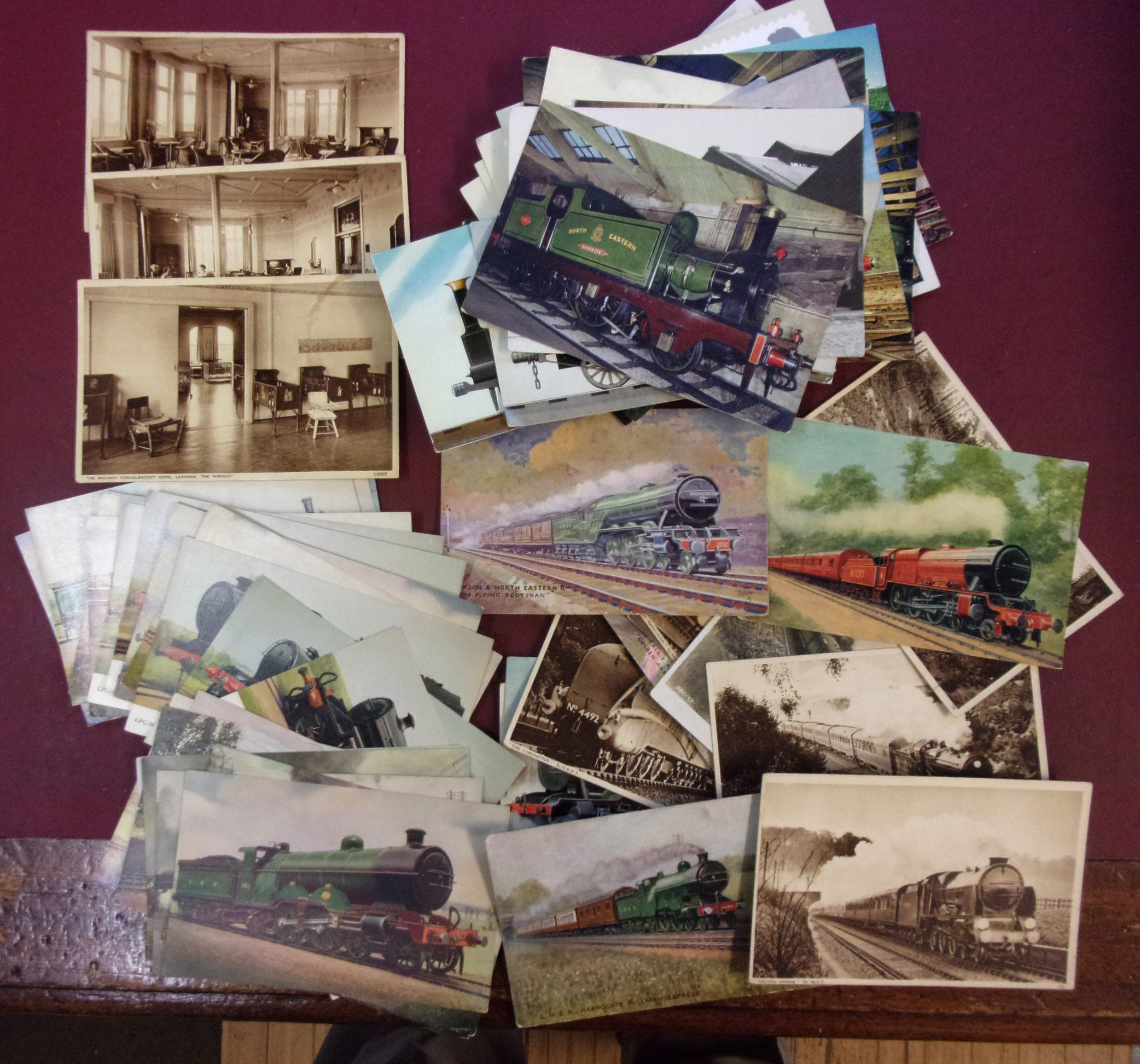 Large Quantity of Railway Related Post Cards, original & repro, couple by Tuck. 3 x Officials from the Leasowe Convalescent Home etc, all in good order, also quantity of B&W prints, preserved steam, excellent photography with copyright. (2 x images to view)