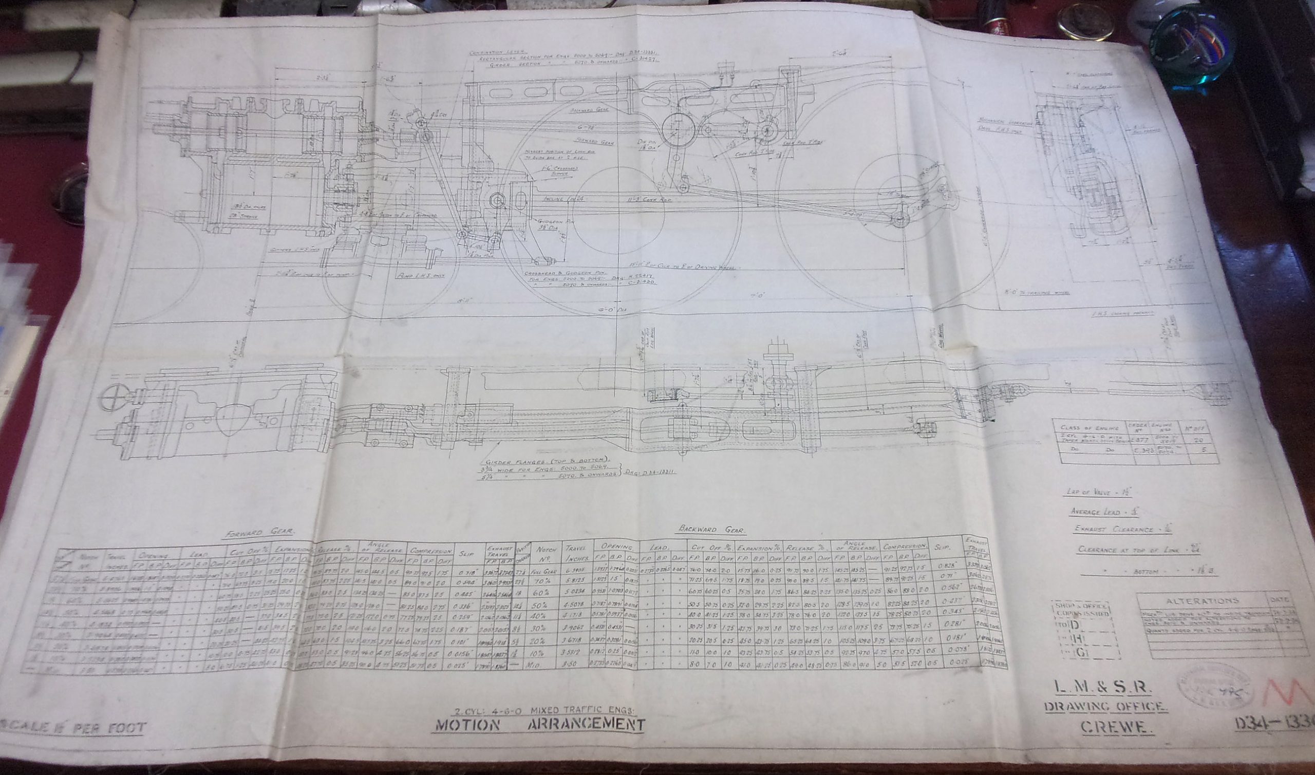 LM & SR Drawing Office Crewe "Motion Arrangements" 1934, on linen. Little grubby but no damage.  41" x 28".  ( 2 x images to view)