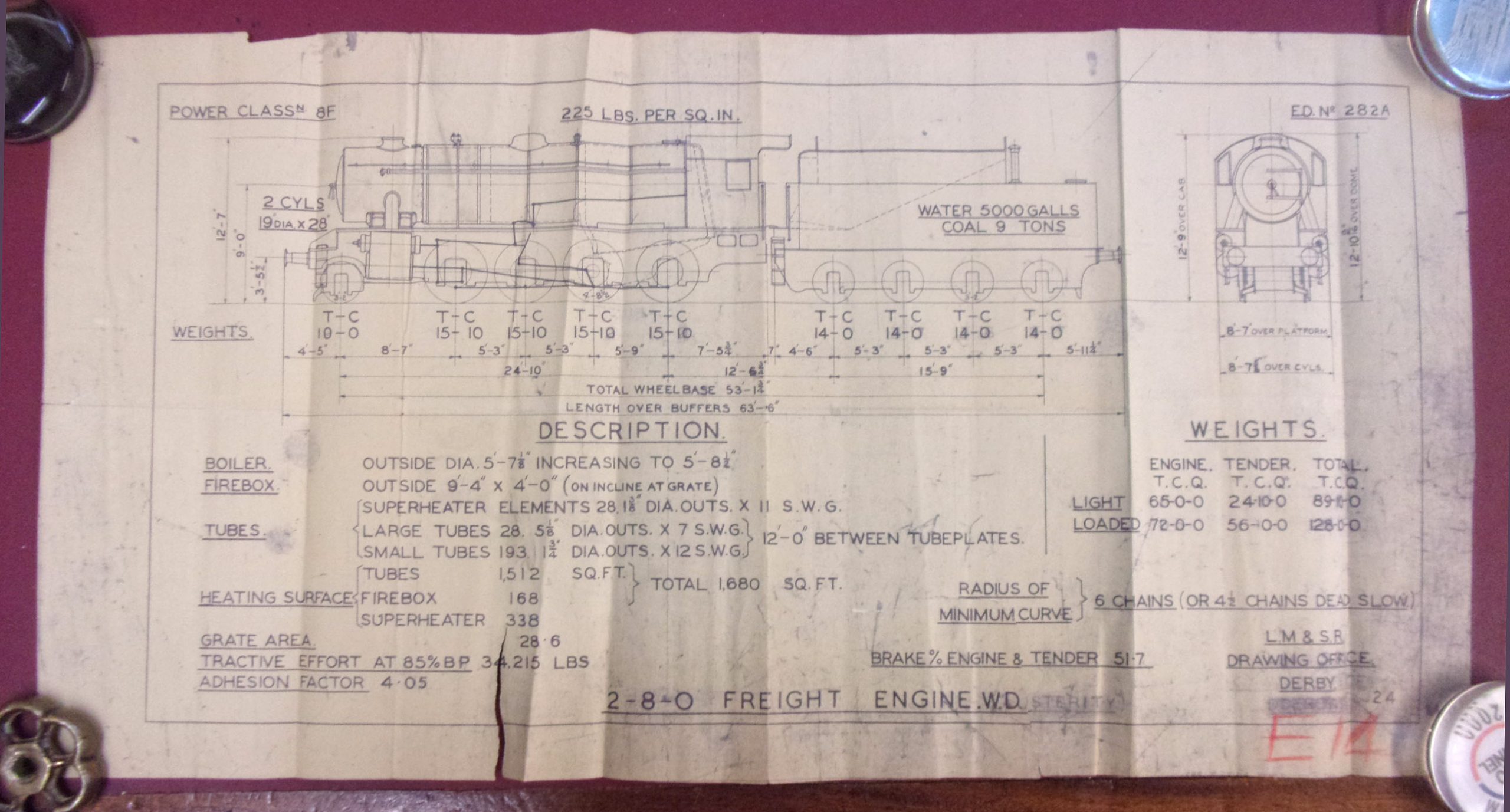 LM & SR Drawing Office Derby "2-8-0 Freight Engine WD Austerity Drawing E14", on original paper, couple of tears, no loss.  27" x 14".