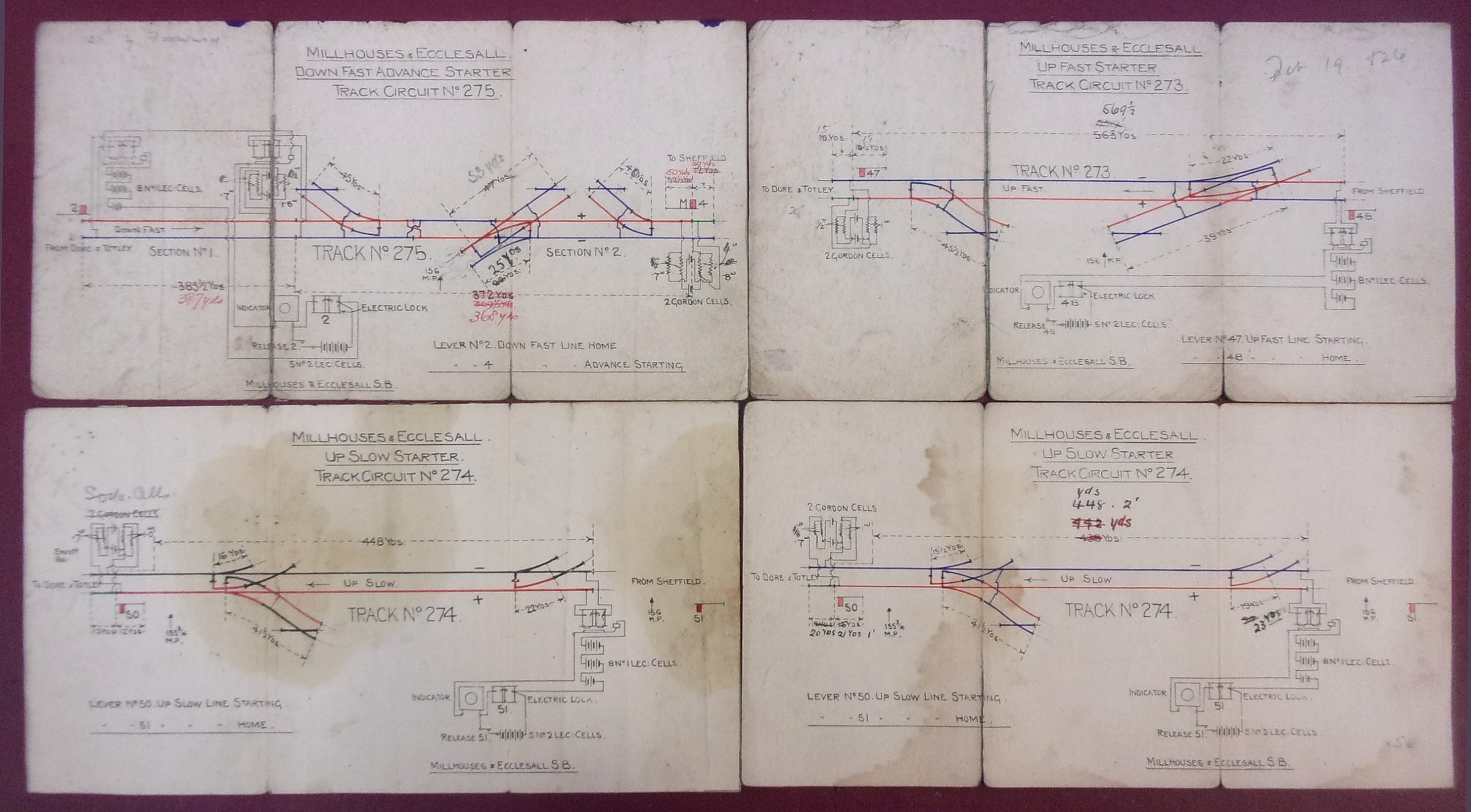 Midland Railway Millhouses & Eccleshall" pocket size signalling diagrams on folding card. 12" x 6 1/2". 4" x 6 1/4" when folded, double sided, dated 1914 and one 1927. ( 2 x images to view)