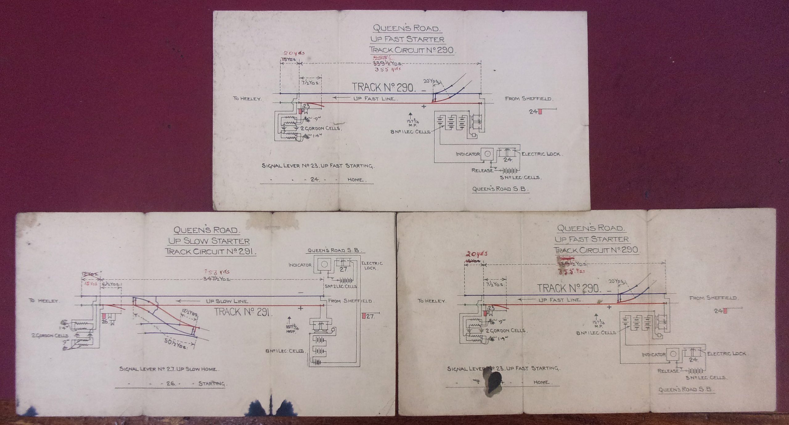 Midland Railway "Queens Road", pocket sized signalling diagrams on folded card. 12"x 6 1/4" when folded. Double sided, dated 1914 ( 2 x image to view)