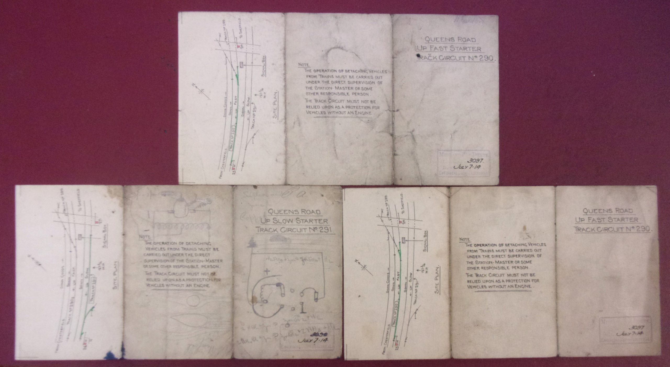 Midland Railway Sheffield No. 2 Box, pocket size signalling diagrams on folded card, 12" x 6 1/4", 4" x 6 1/4" when folded, double sided, Dated 1914. ( 2 x images to view)