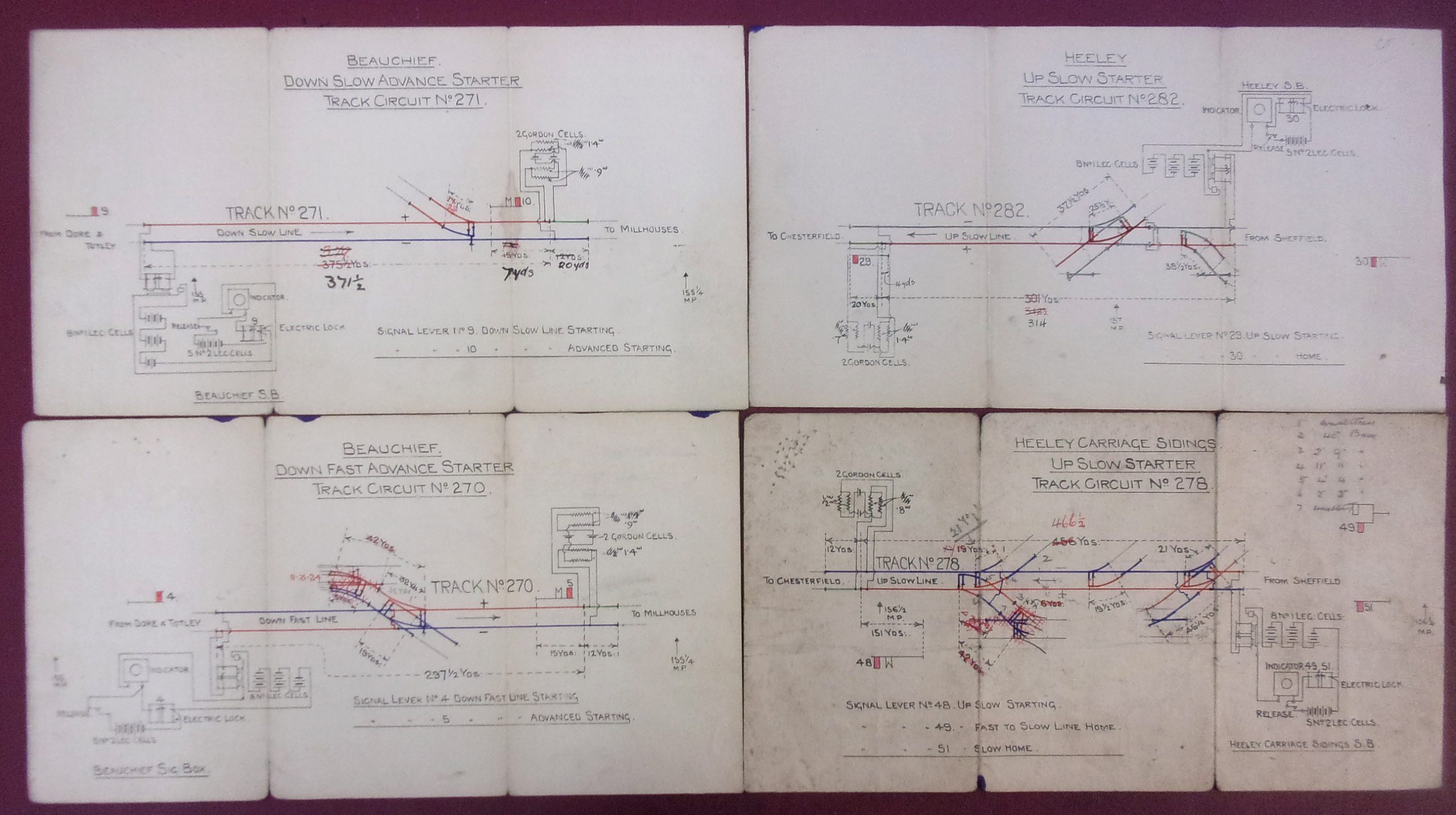 Midland Railway "Heeley" and "Beauchief" pocket sized signalling diagrams on folded card. 12" x 6 3/4", 4" x 6 1/4" when folded, double size, dated 3 x 1914, 1 x 1919. ( 2 x images to view)