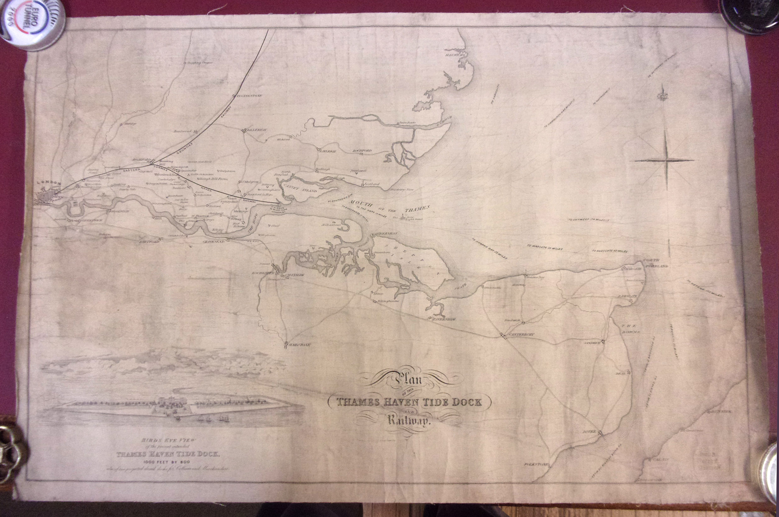 Plans of the Thames Haven Tide Dock and Railway embossed stamp for drawing office, bottom right hand corner, on linen.  Victorian era.  30" x 20"  ( 4  images to view)