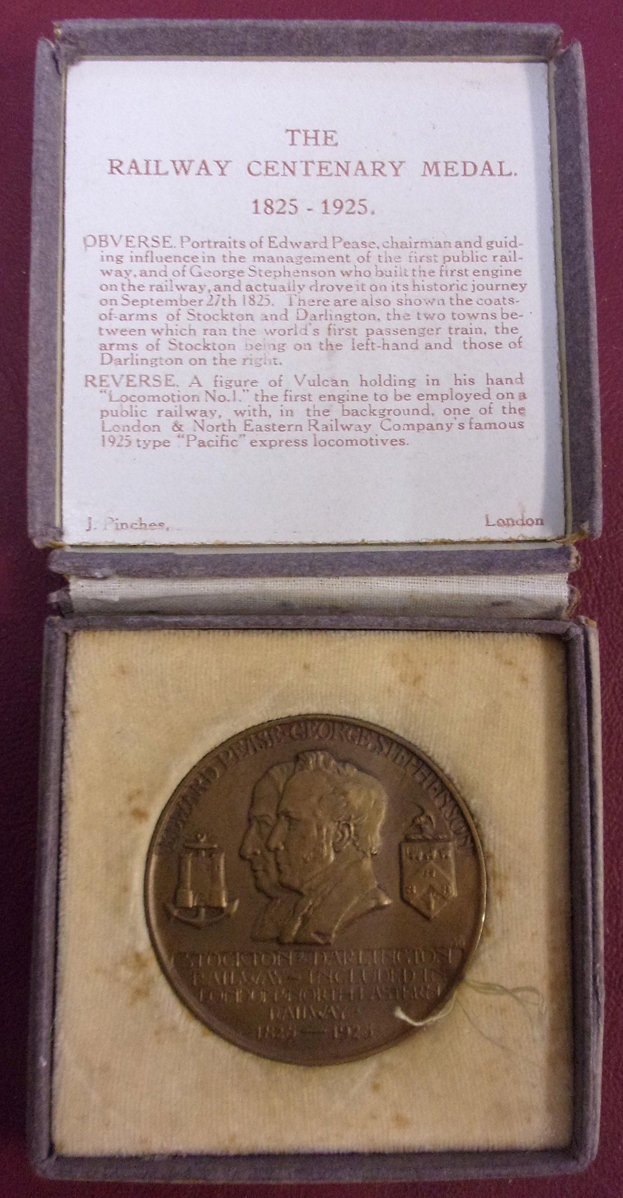 "The Railway Centenary Medal 1825-1925" cast in bronze 1 3/4" diameter, 1/8" thick.  In its original card case .  100 years old.  ( 3 x images to view)
