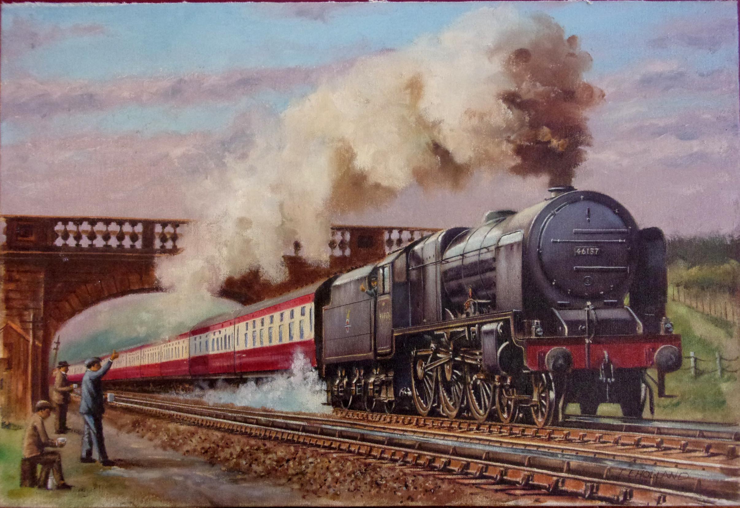 Original Artwork, Royal Scot 46137 71000 "Duke of Gloucester" and "Flying Scotsman" all on board. Approx sizes 22" x 16". Nicely framed. 3 x images, work by TE Holland.