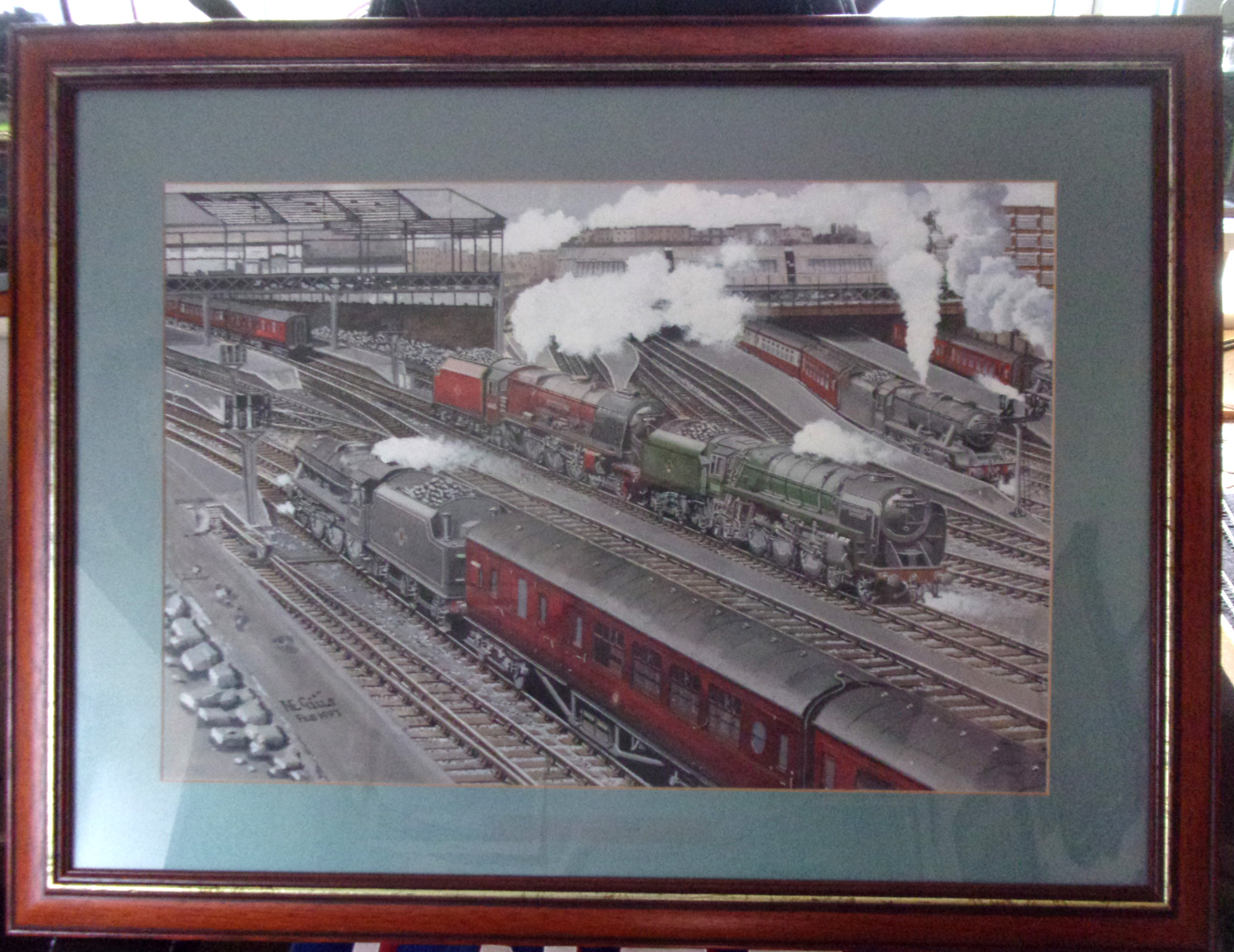 Original Artwork Watercolour, depicts a busy "London Euston" Station, late 1950s. By M.E Gills. Beautifully framed & glazed. image size 22" x 14".